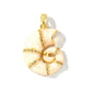 Gold-tone seashell charm pendant with white inlay and rhinestone-studded spiral bands