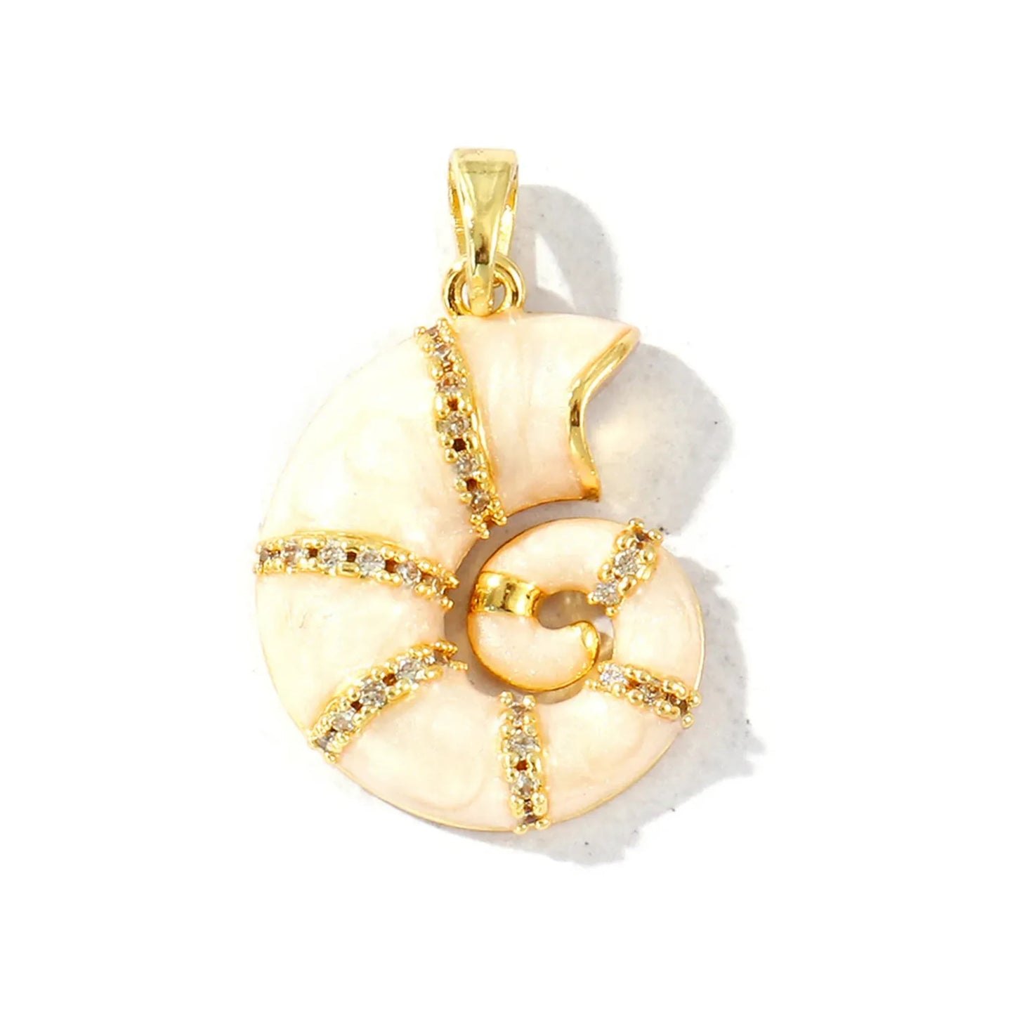 Gold-tone seashell charm pendant with white inlay and rhinestone-studded spiral bands