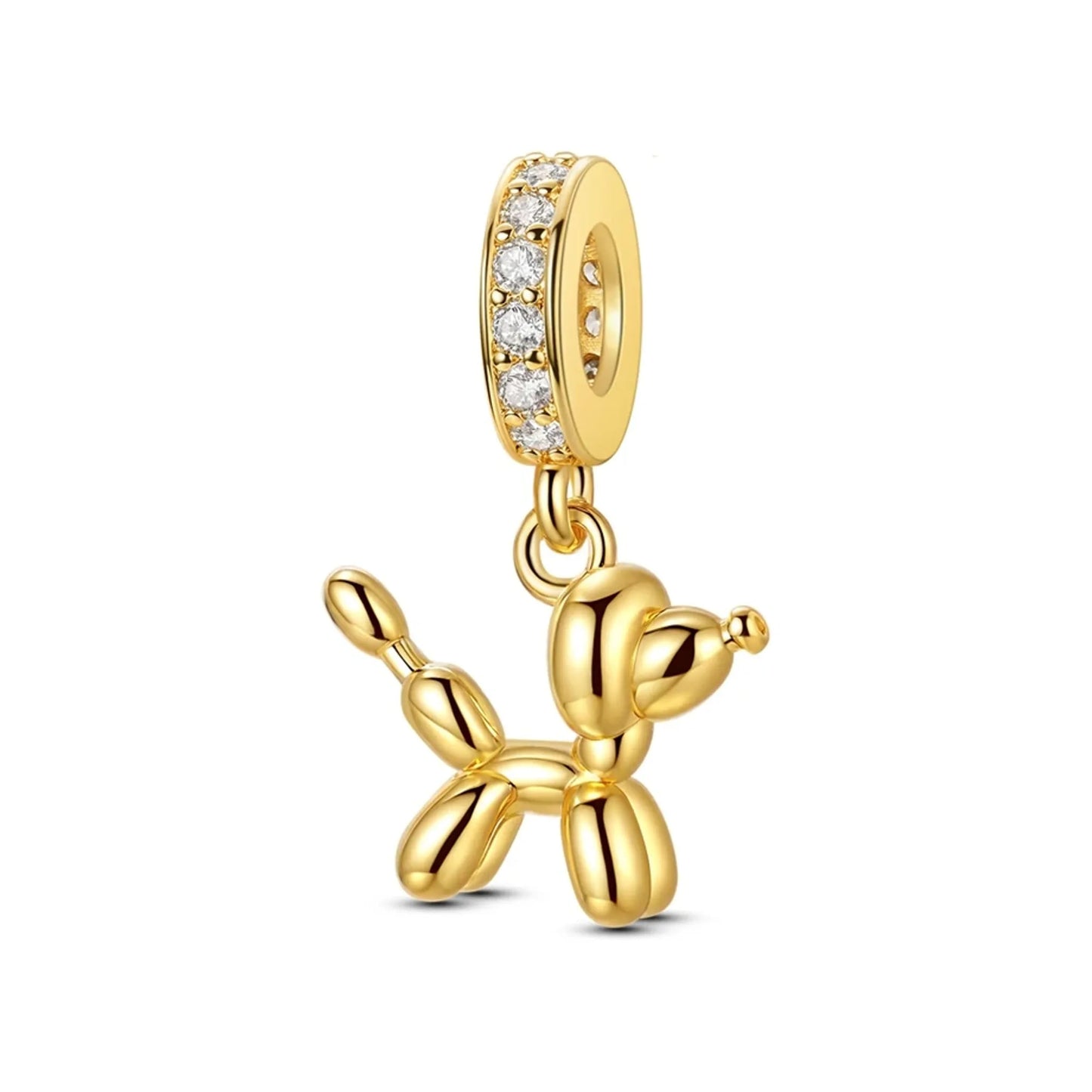 gold-tone balloon-dog dangle charm with polished finish and clear-stone bail