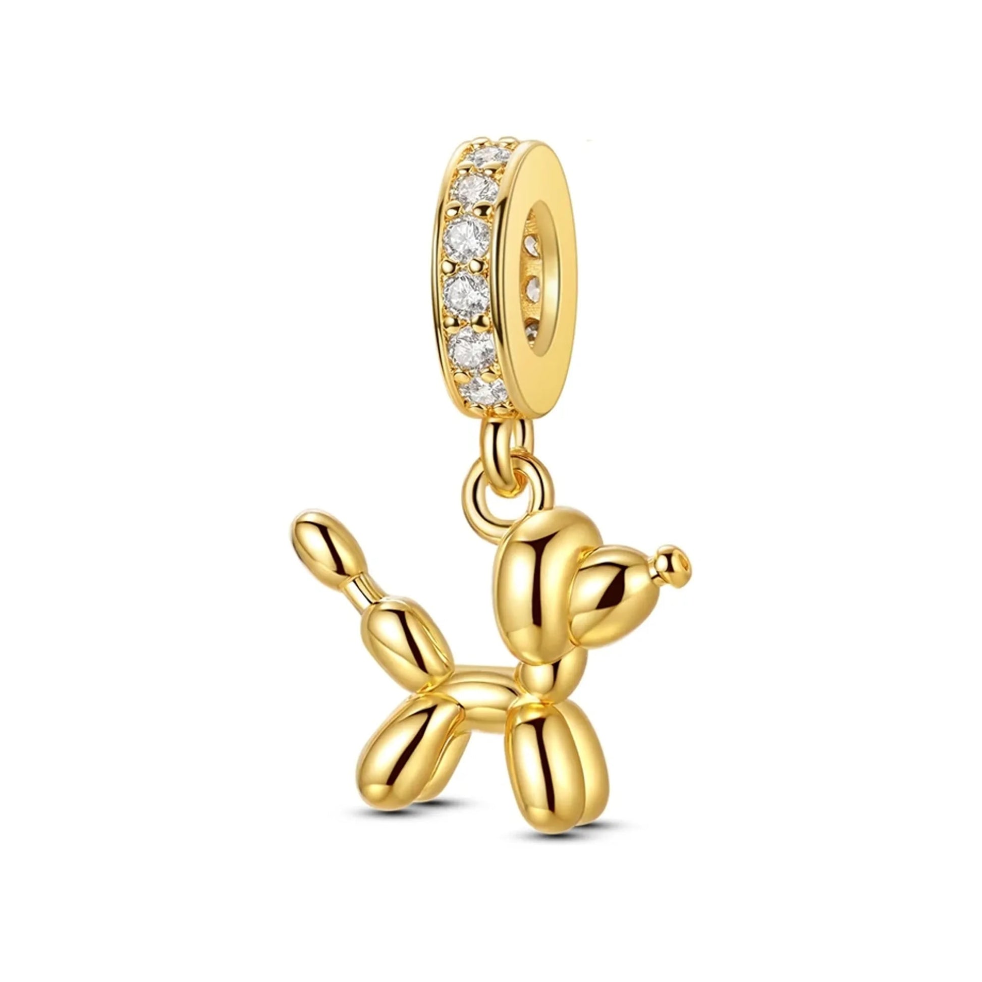 gold-tone balloon-dog dangle charm with polished finish and clear-stone bail