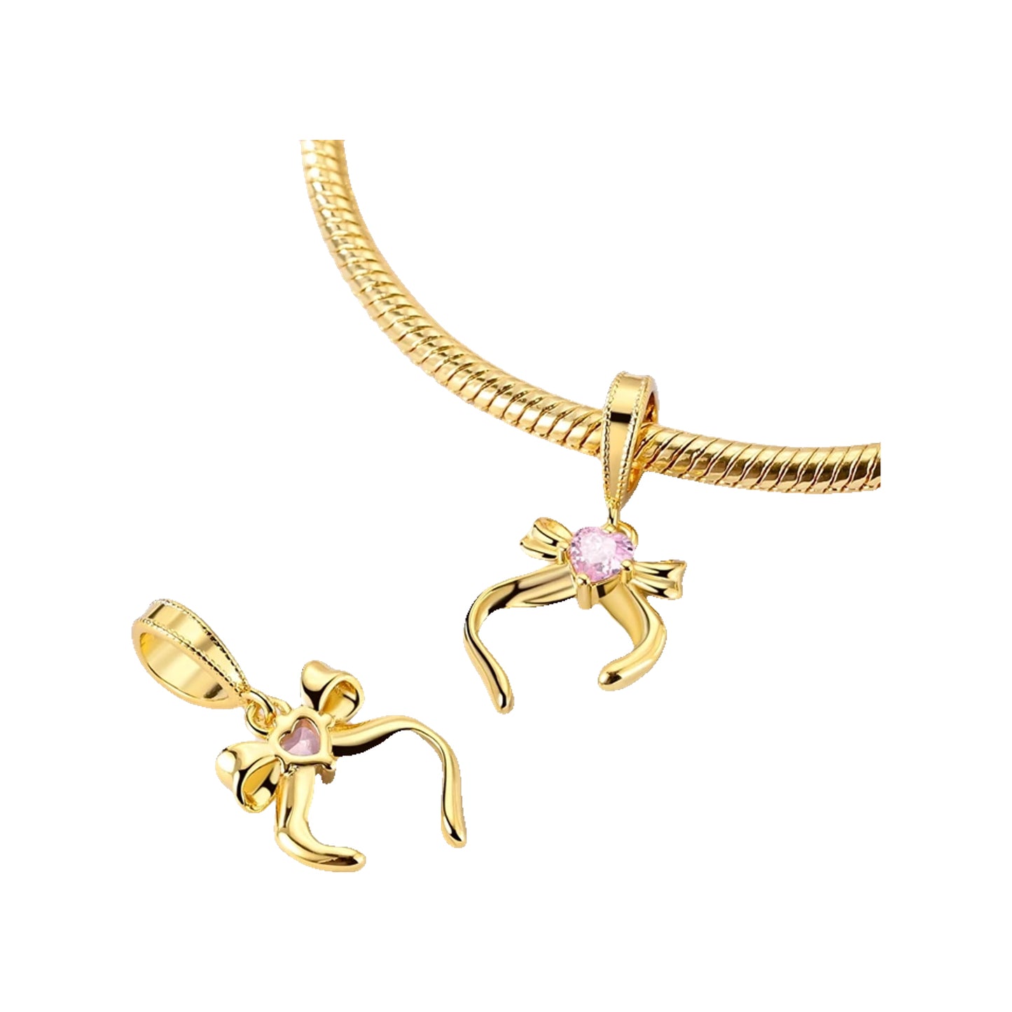 Gold-tone bow dangle charm with pink heart center shown on a snake bracelet