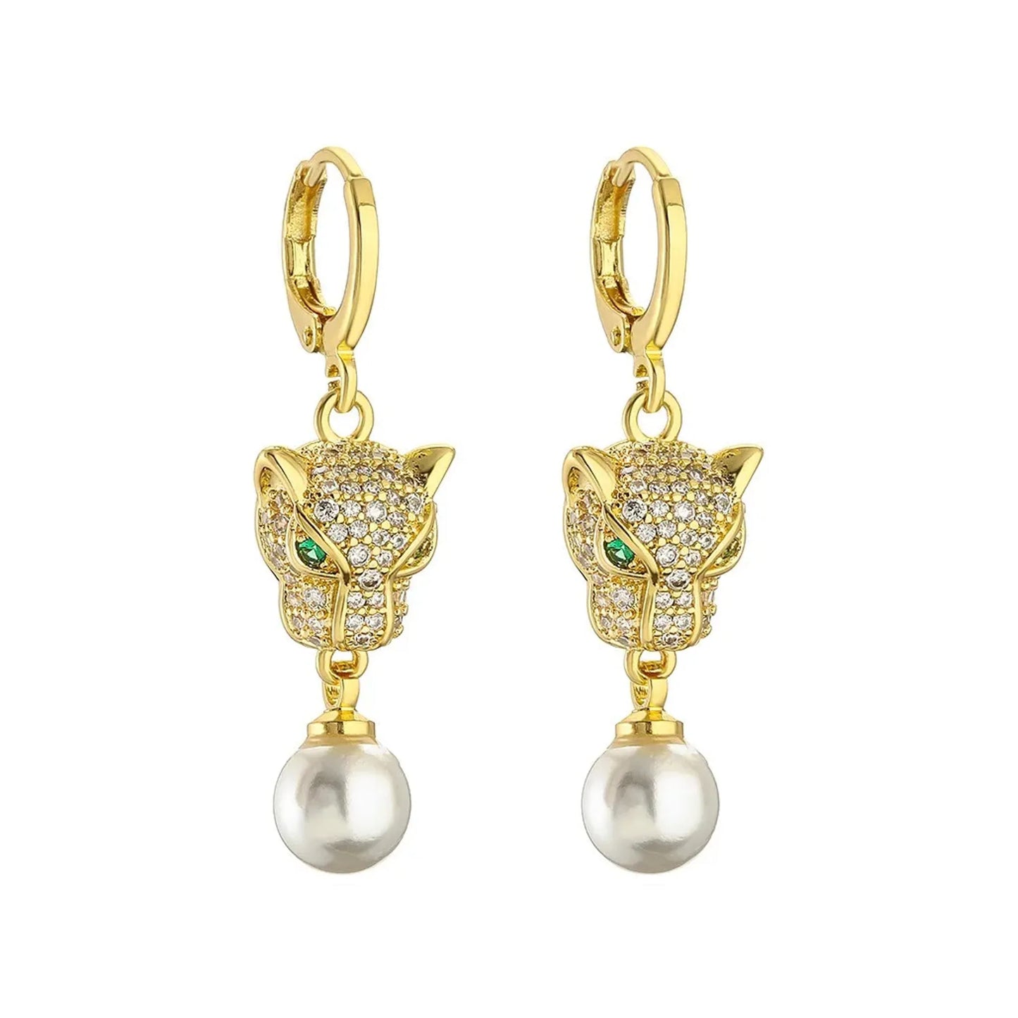 Front view of gold-tone leopard head huggie earrings with dangling round pearls