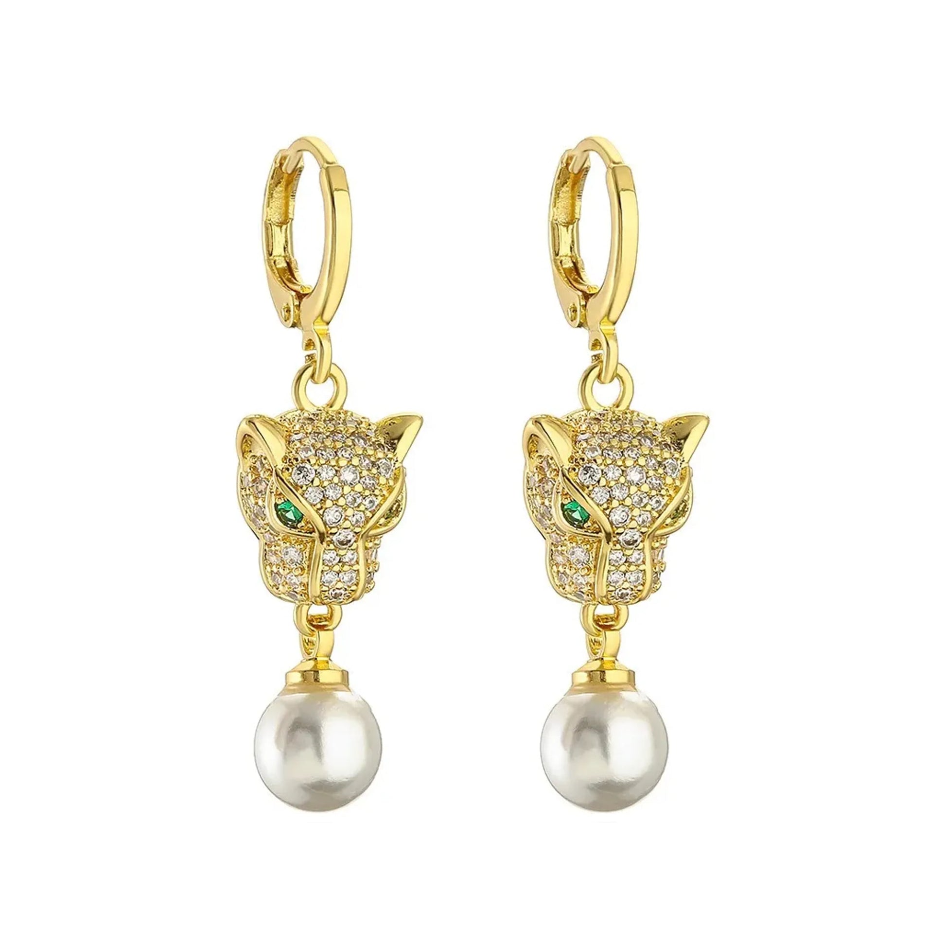 Front view of gold-tone leopard head huggie earrings with dangling round pearls