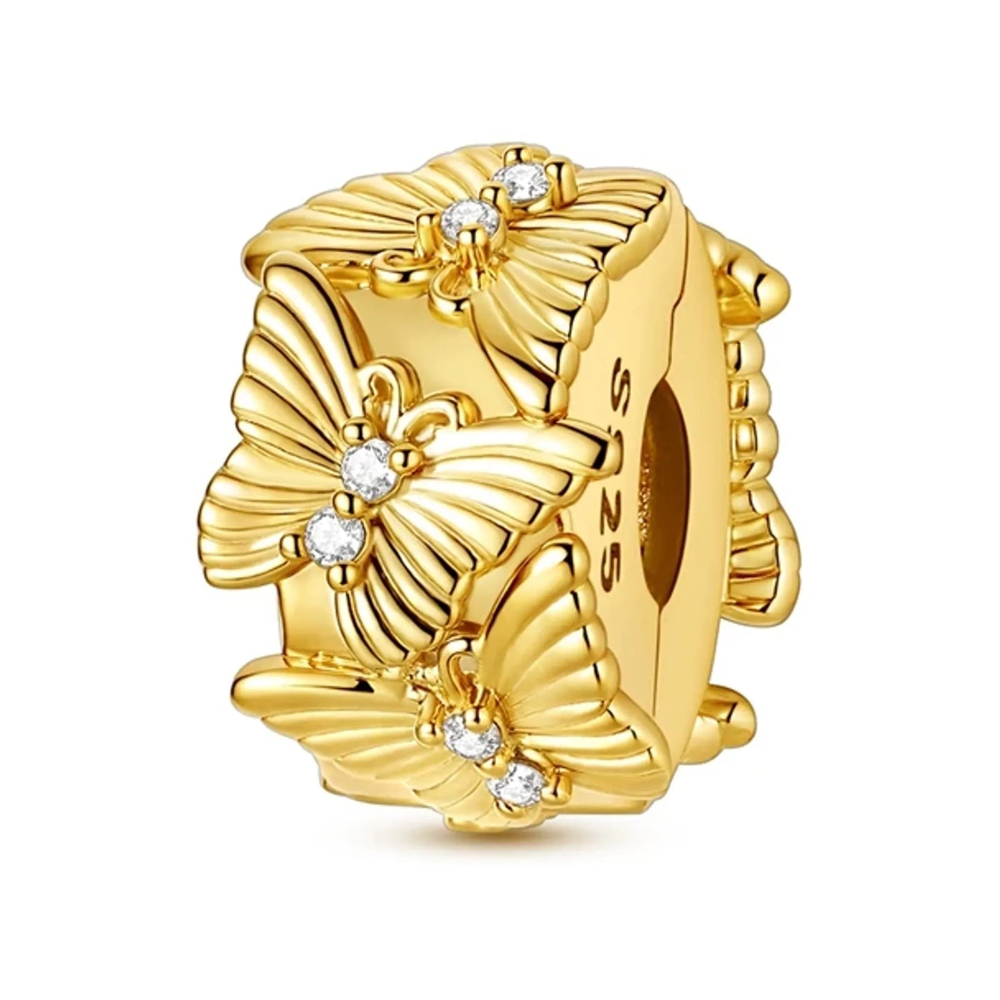 Gold-tone bead detailed with raised butterflies and sparkling stones