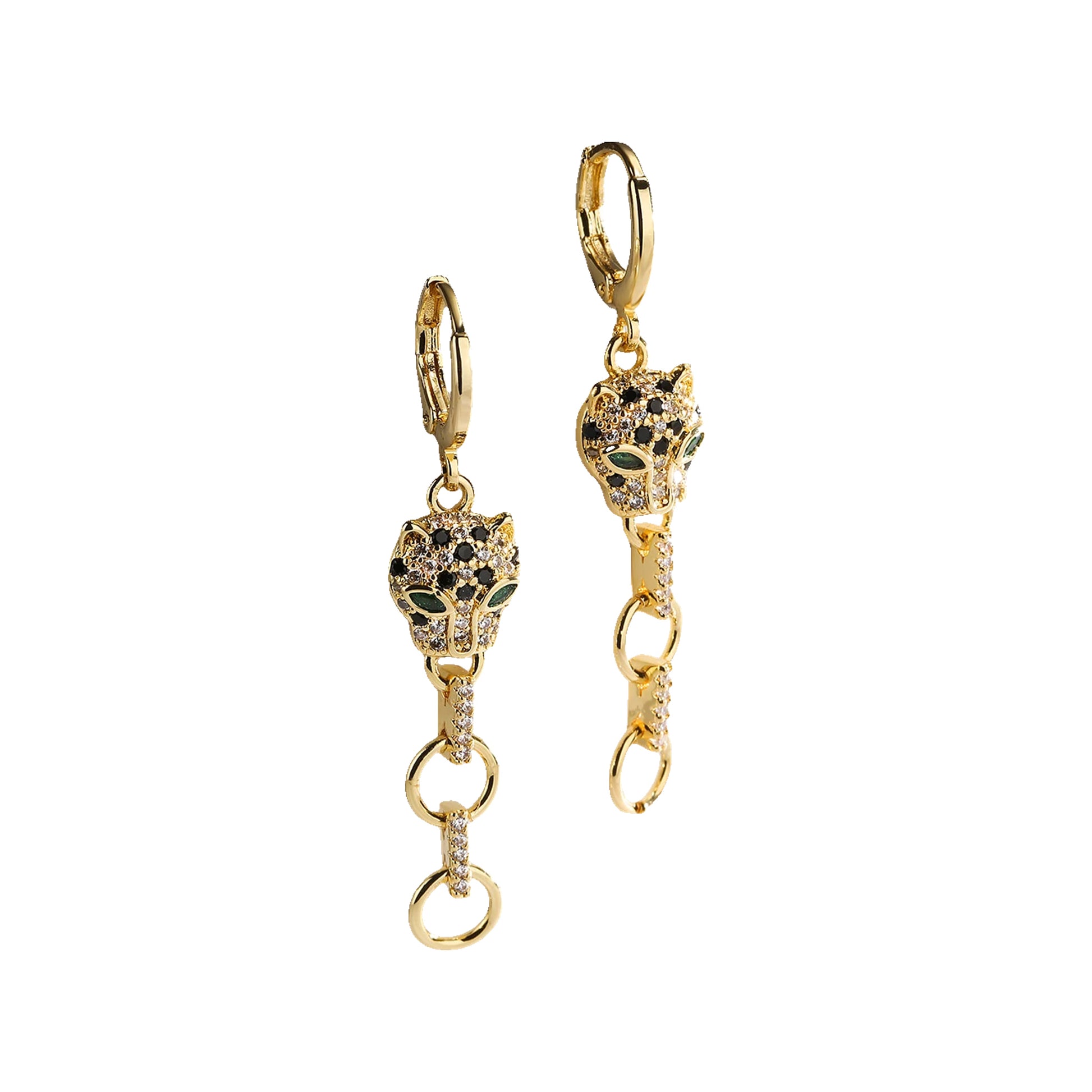 Gold-tone leopard head huggie earrings with linked rings and green eye accents on a white prop