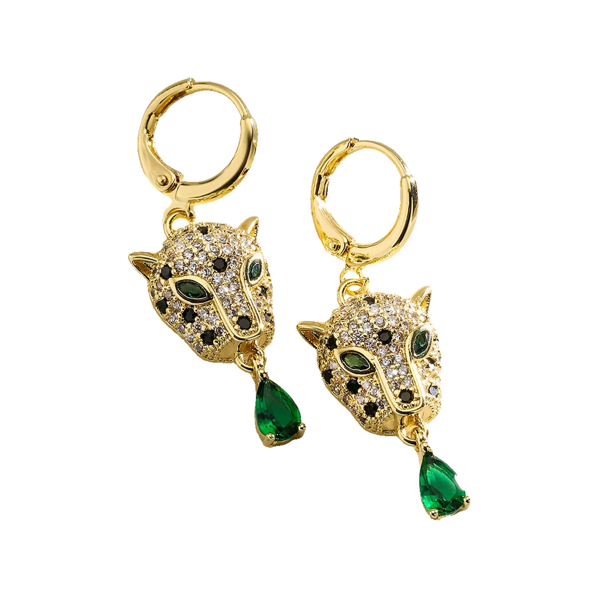 Two gold-tone leopard head huggie earrings with pavé heads and green teardrops