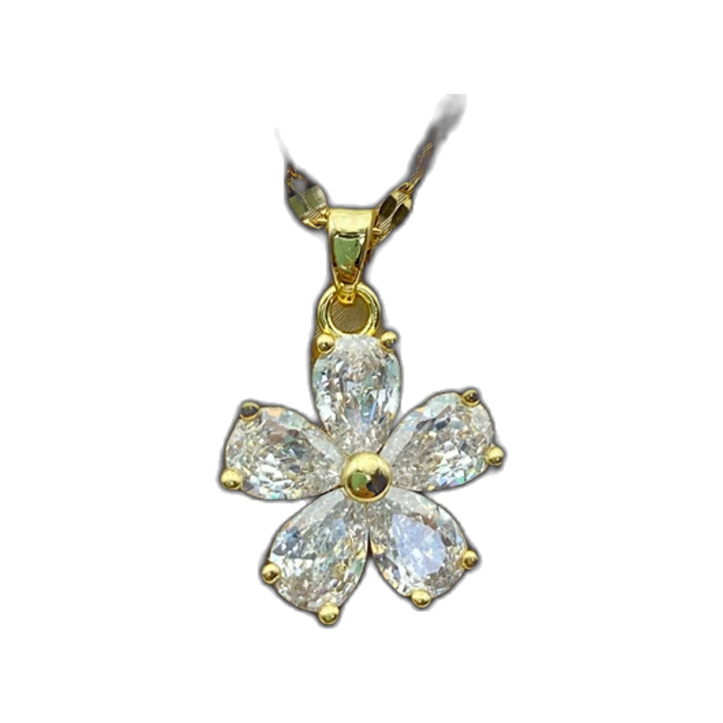 gold-tone flower pendant necklace with teardrop clear stone petals