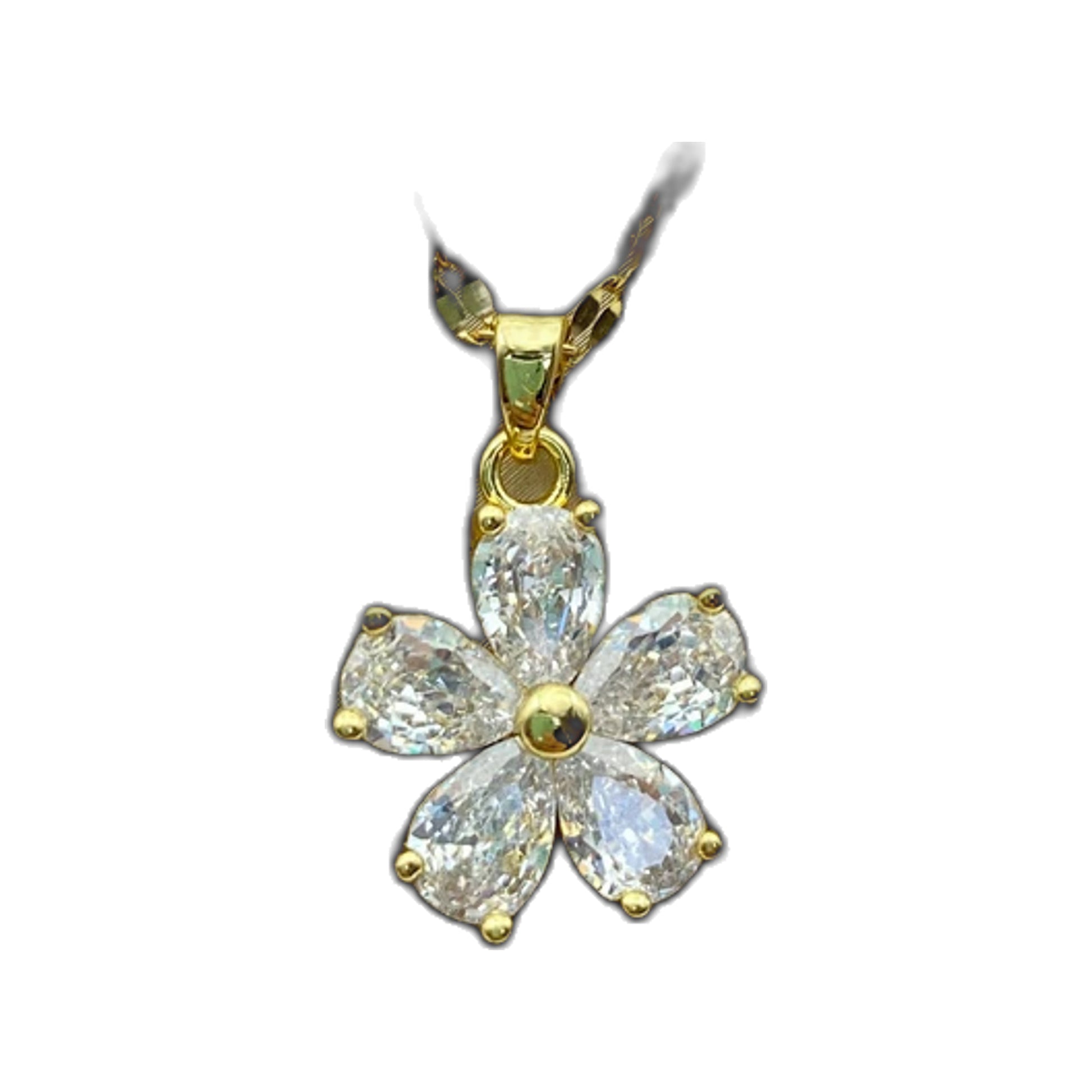 gold-tone flower pendant necklace with teardrop clear stone petals