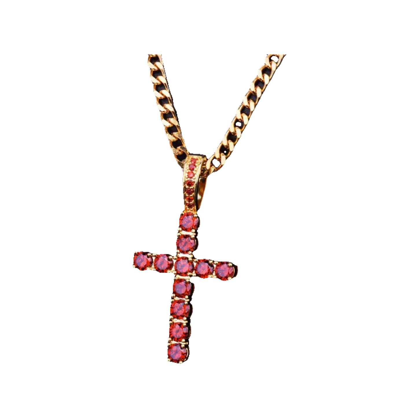 Gold-tone curb chain with small cross pendant set with pink round stones and a stone-paved bail