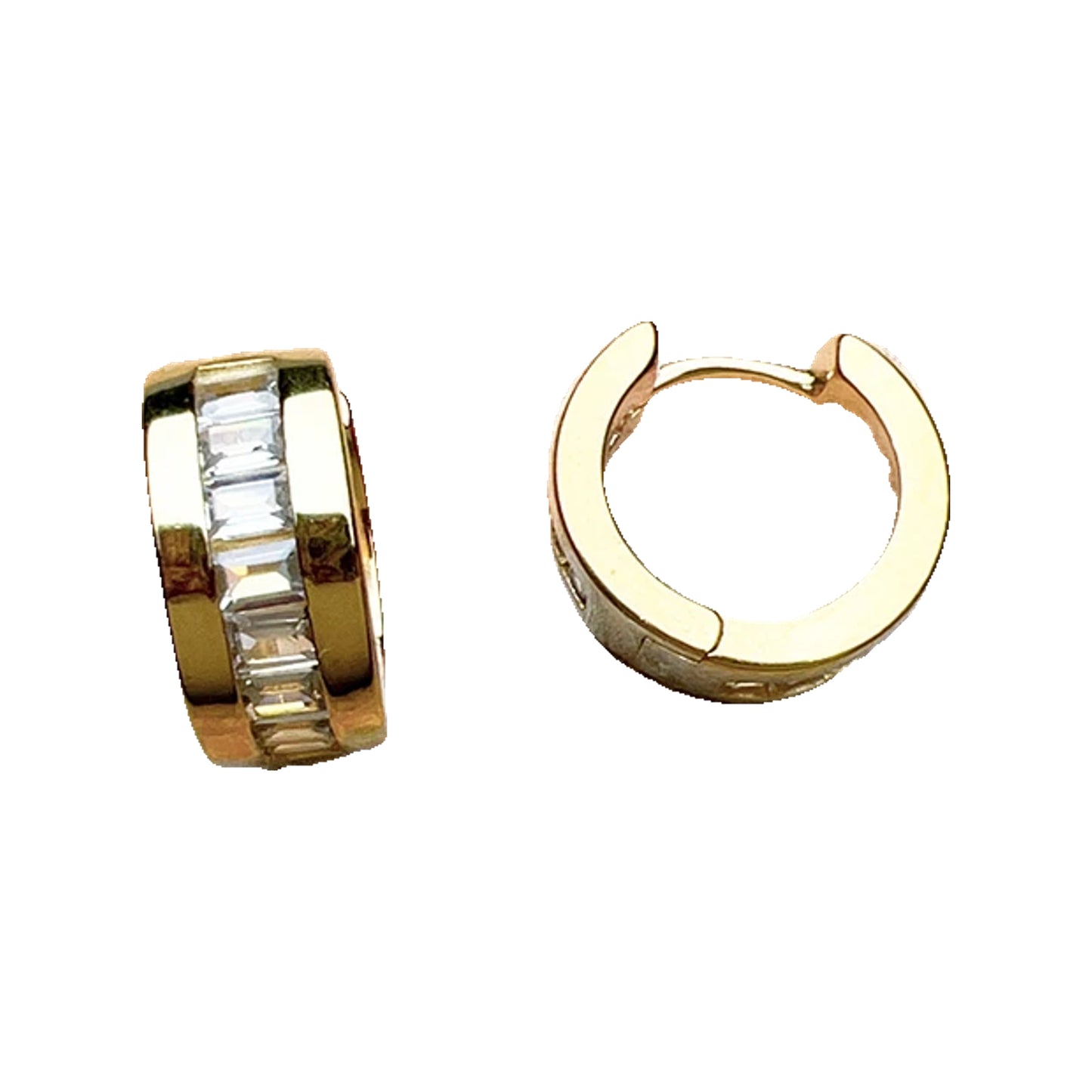 Two gold-tone huggie hoops, one showing the inner clasp and one the channel-set white stones on a floral painted background