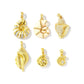 Six gold-tone seashell charm pendants with rhinestones and enamel in assorted shapes and sizes