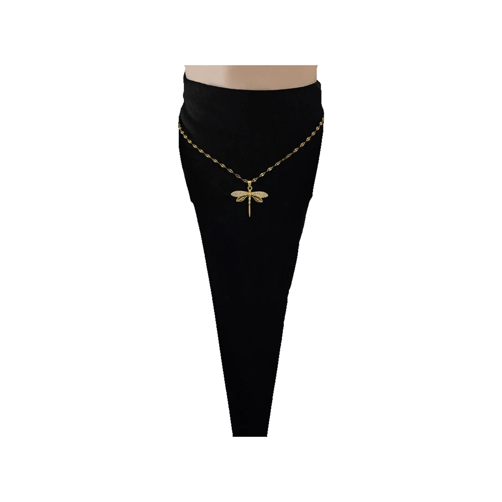 Gold-tone dragonfly pendant necklace worn at the collarbone