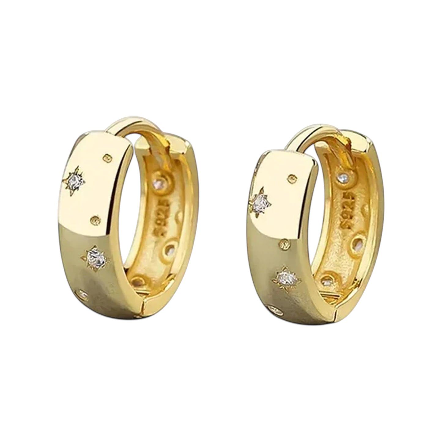 Star-Set huggie hoops in gold-tone front view with star-set crystals