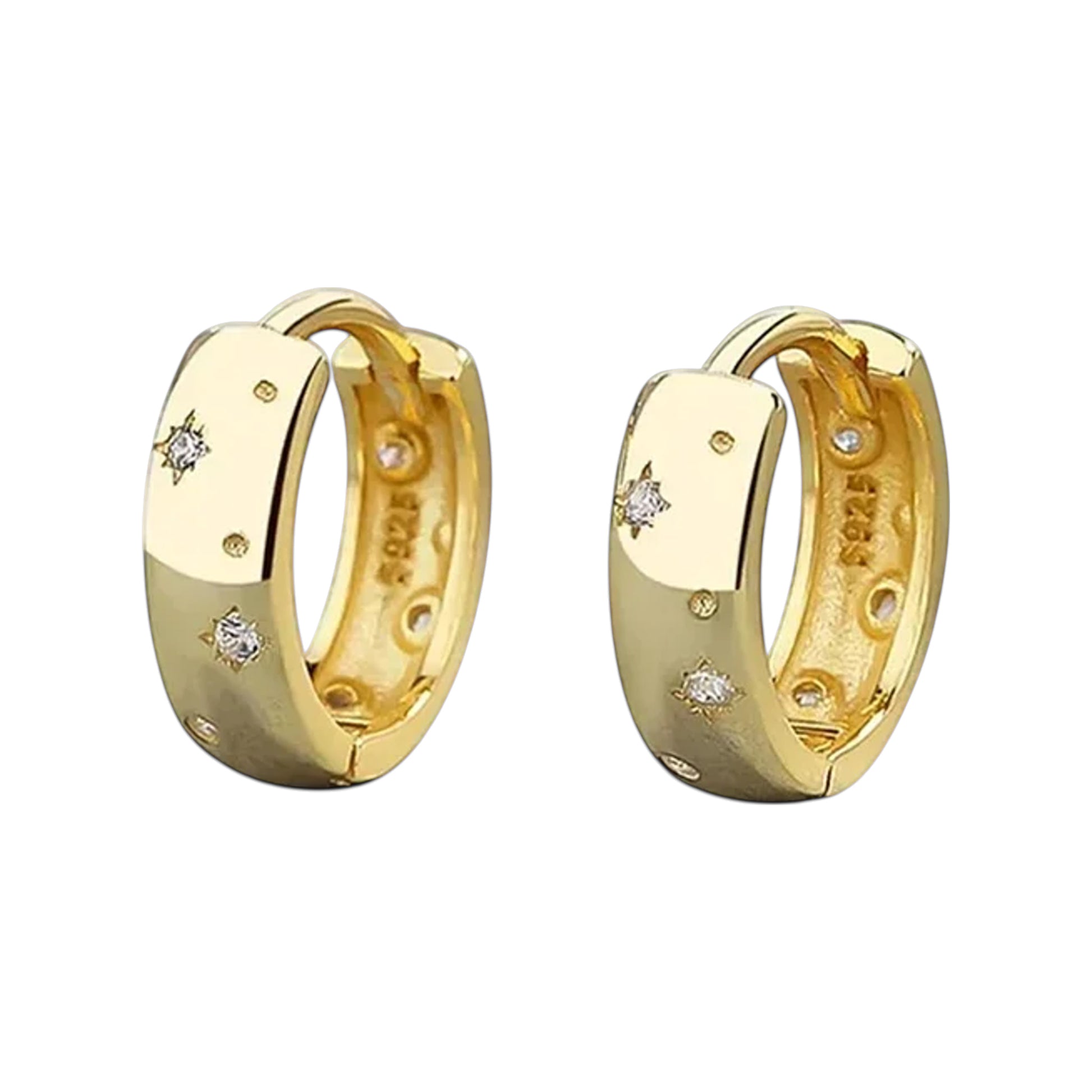 Star-Set huggie hoops in gold-tone front view with star-set crystals