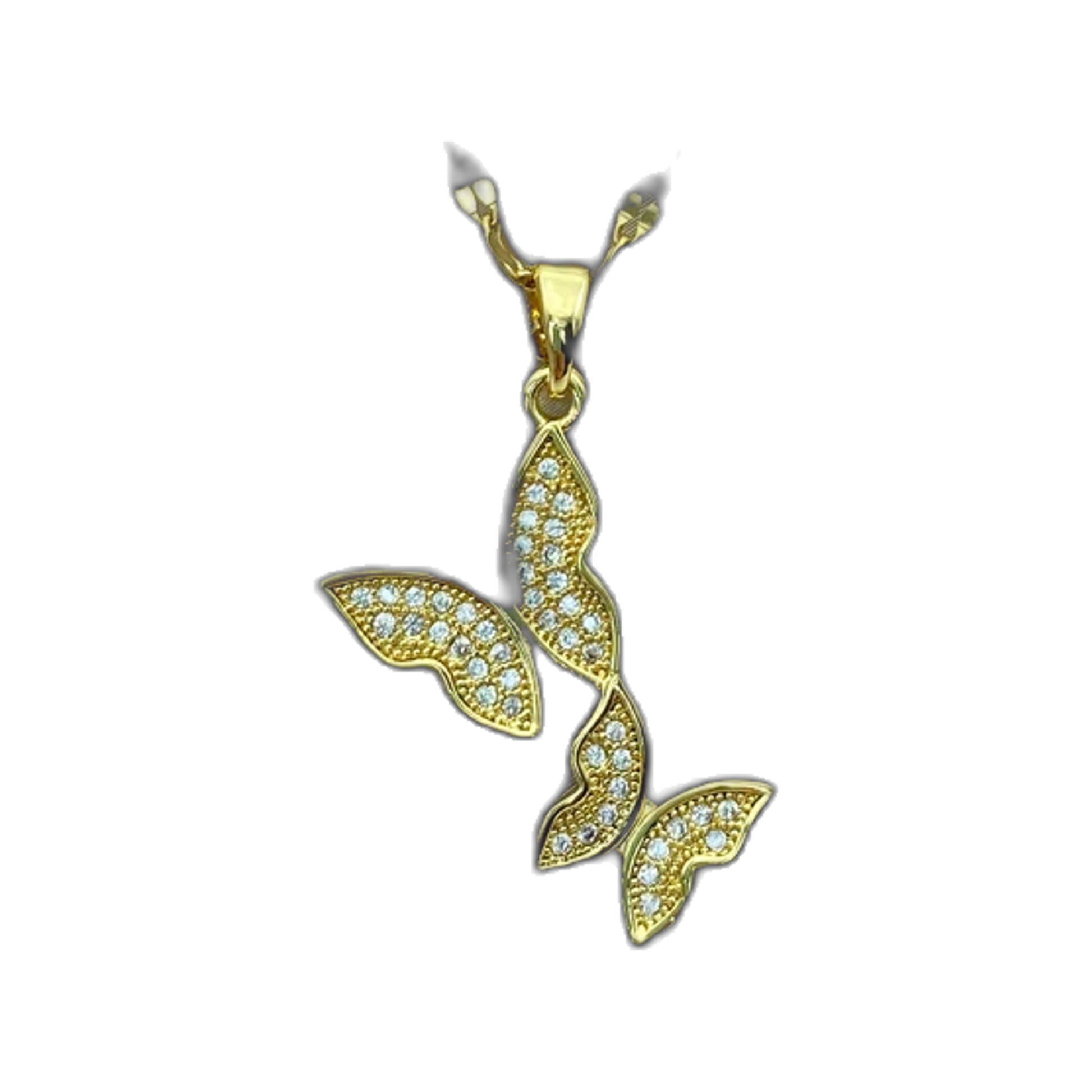 gold-tone pendant necklace with three butterfly motifs and pavé detail