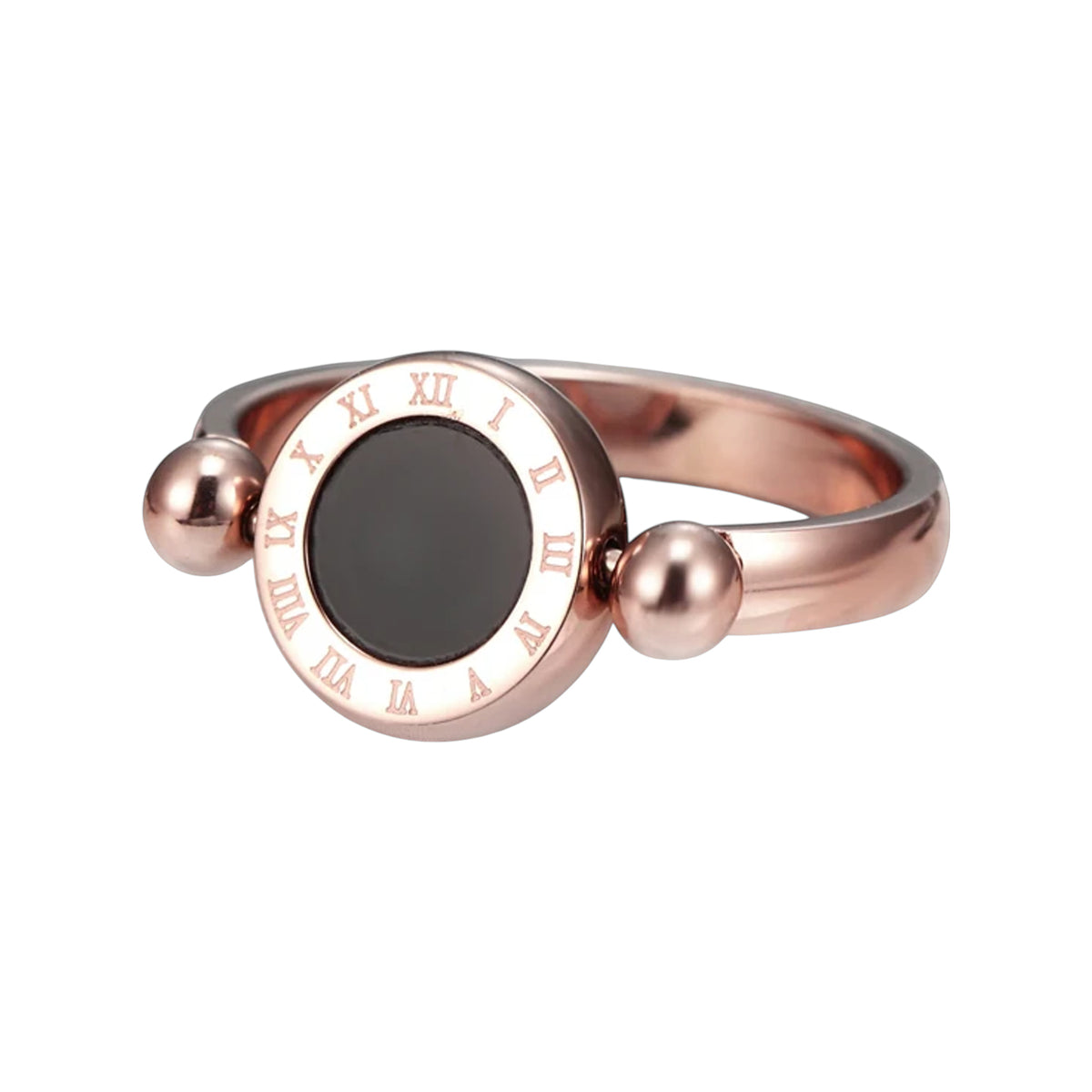 Rose gold-tone Roman numeral spinner ring with black enamel center shown flat