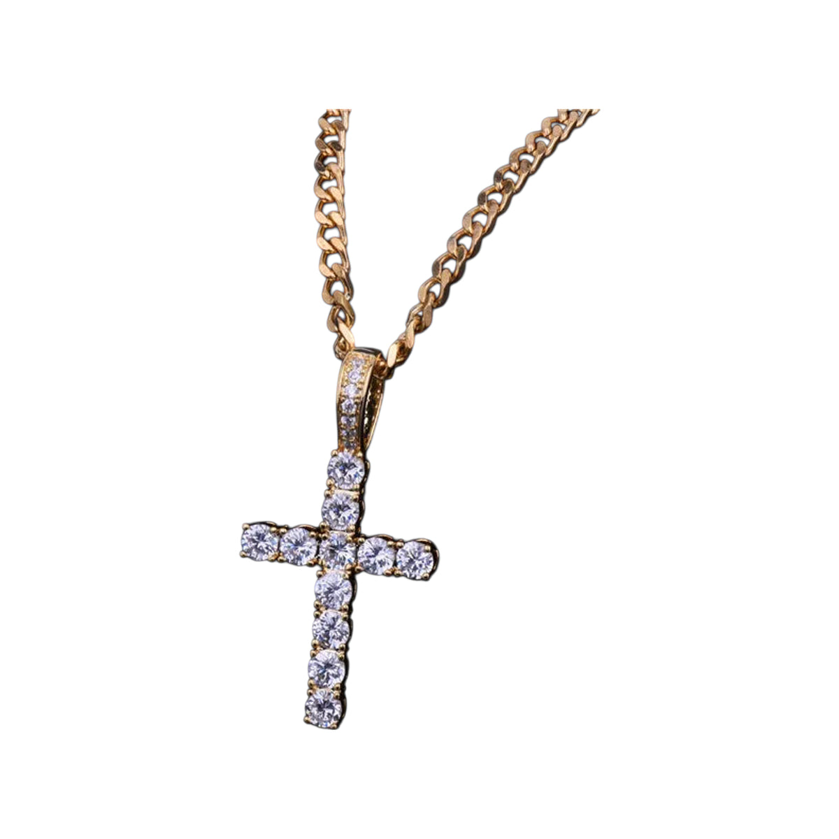 Gold-tone Small Iced Cross pendant with clear stones suspended on a curb chain
