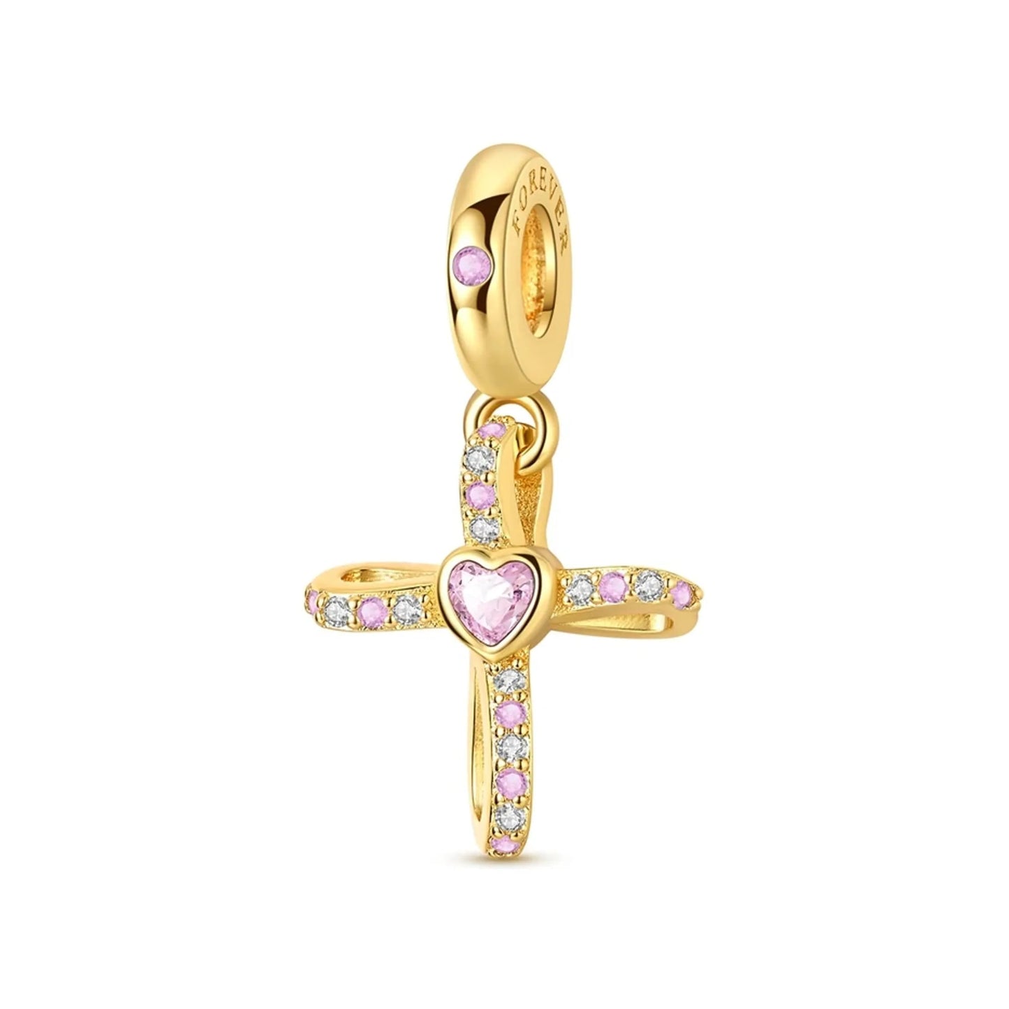 gold-tone cross dangle charm with pink heart center and pink and clear stone accents