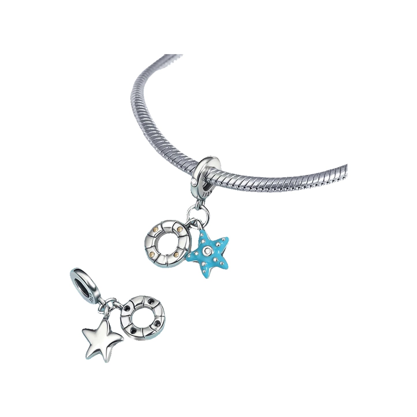 lifesaver ring and starfish dangle charms shown on a silver-tone bracelet with spare pair
