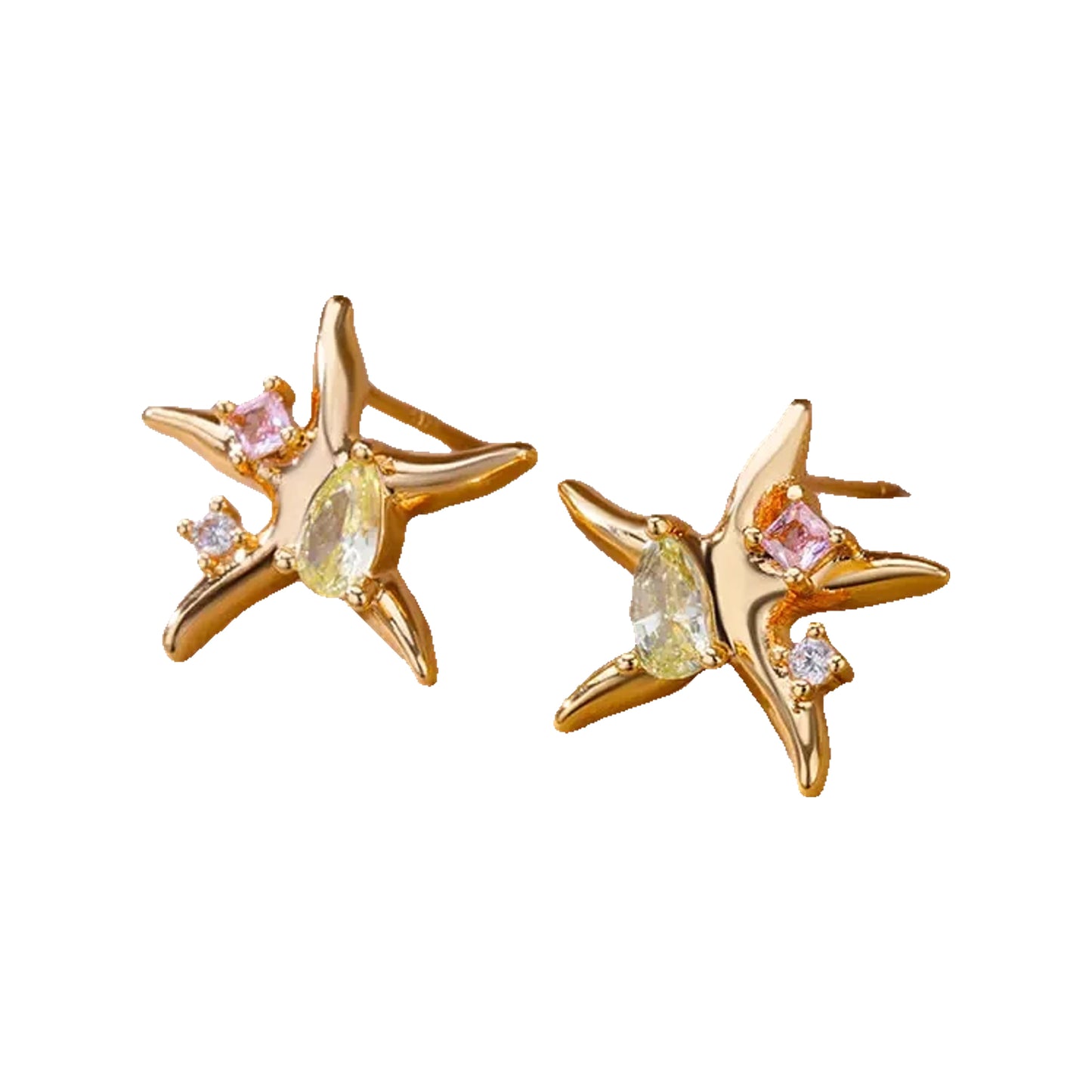 Gold-tone starfish stud earrings set with yellow, pink, and clear stones on a beige jewelry tray