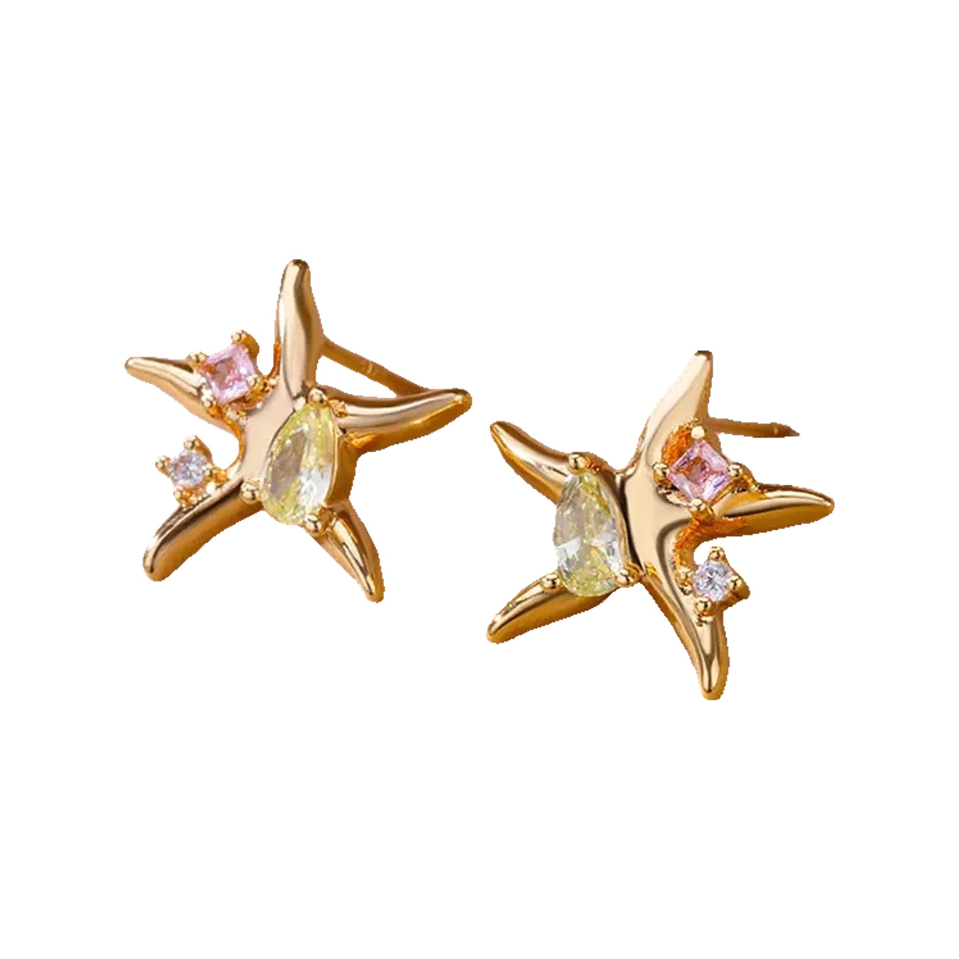 Gold-tone starfish stud earrings set with yellow, pink, and clear stones on a beige jewelry tray