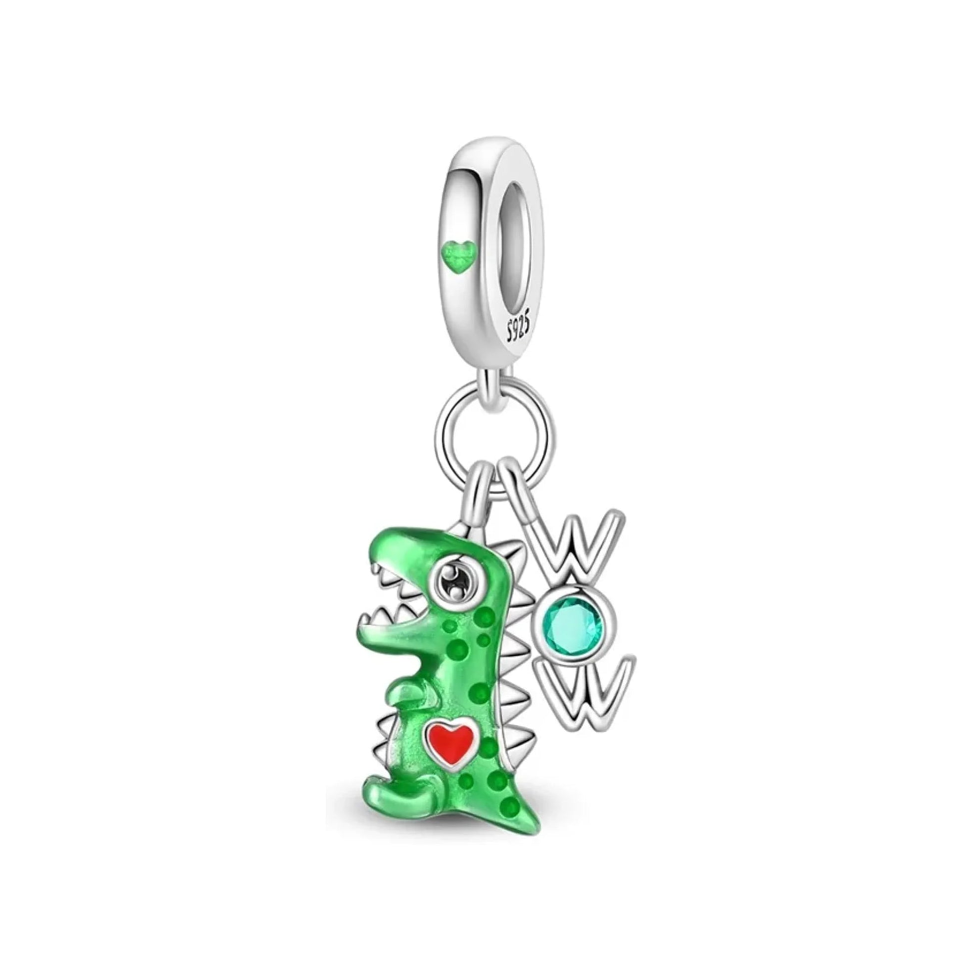 Green dinosaur dangle charm with red heart and accompanying letter charms
