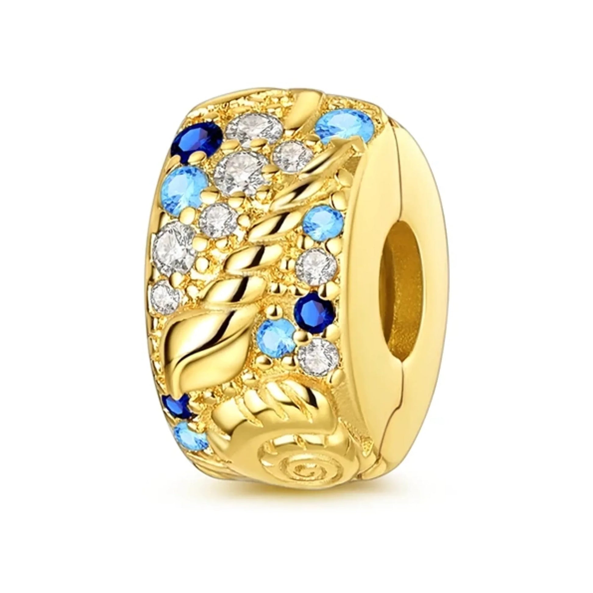 Gold-tone ocean-inspired bead with blue and white stones and raised wave details