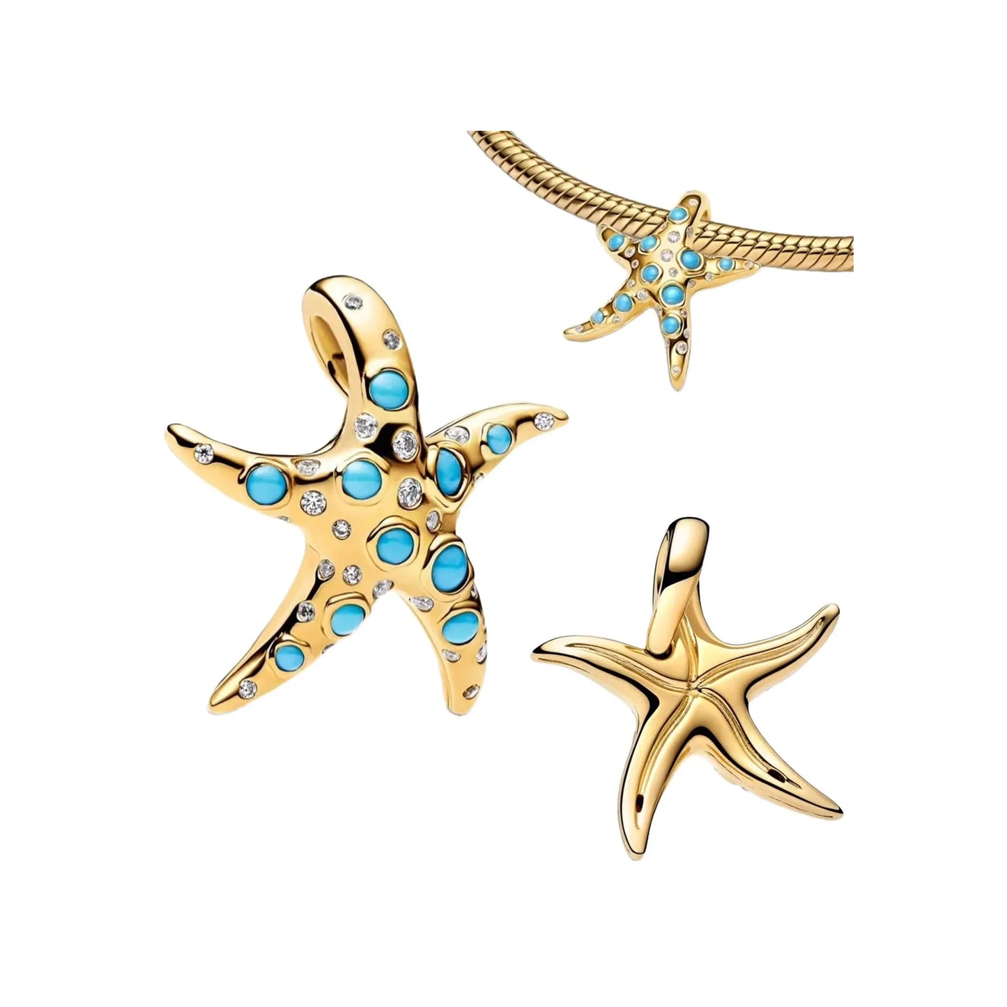 Gold-tone starfish charms with turquoise spots and matching plain starfish