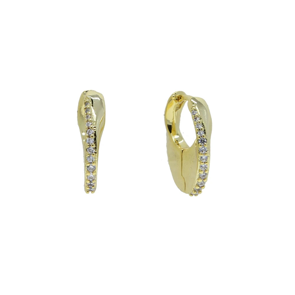 Gold-tone mini huggie hoop earrings with curved pavé accent front view