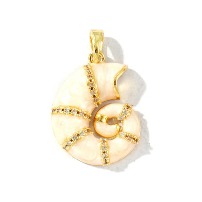 Gold-tone spiral shell pendant with pearly enamel bands and rhinestone stripes