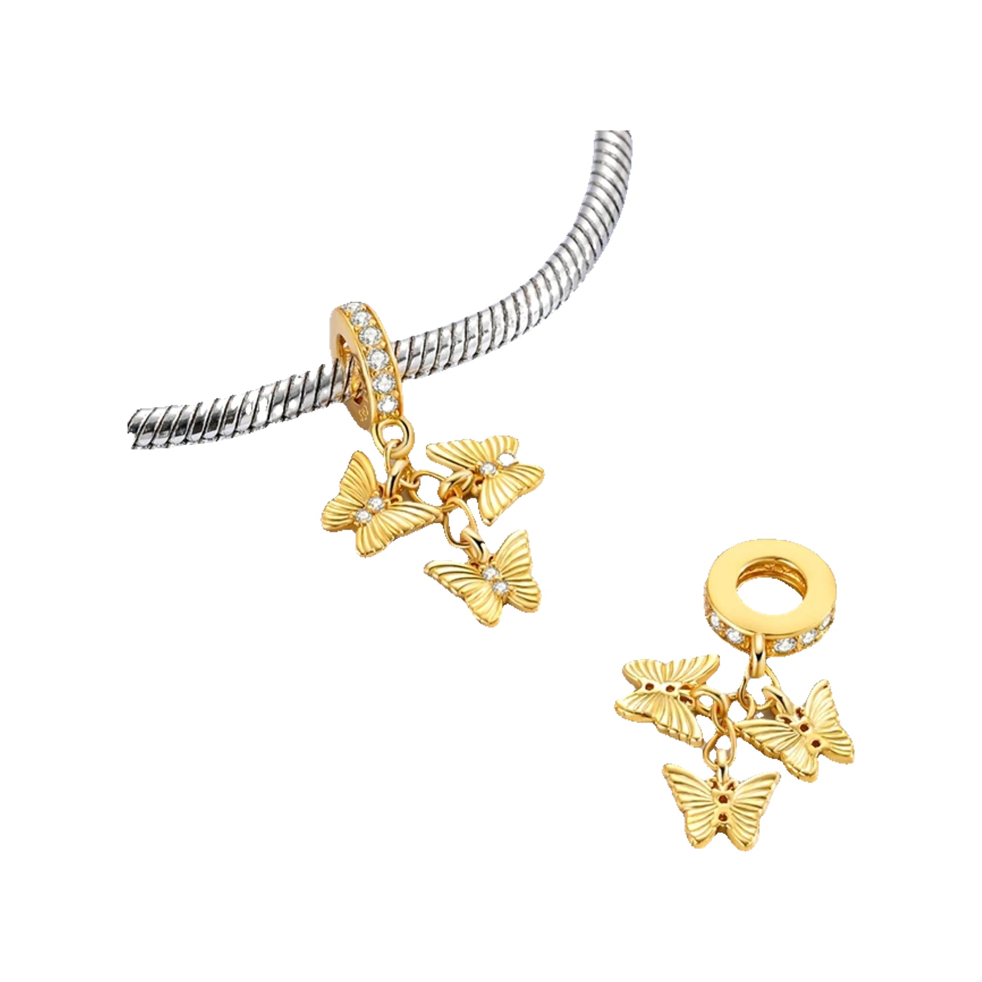 Gold-tone triple butterfly dangle charm with textured wings and sparkling-accent bail