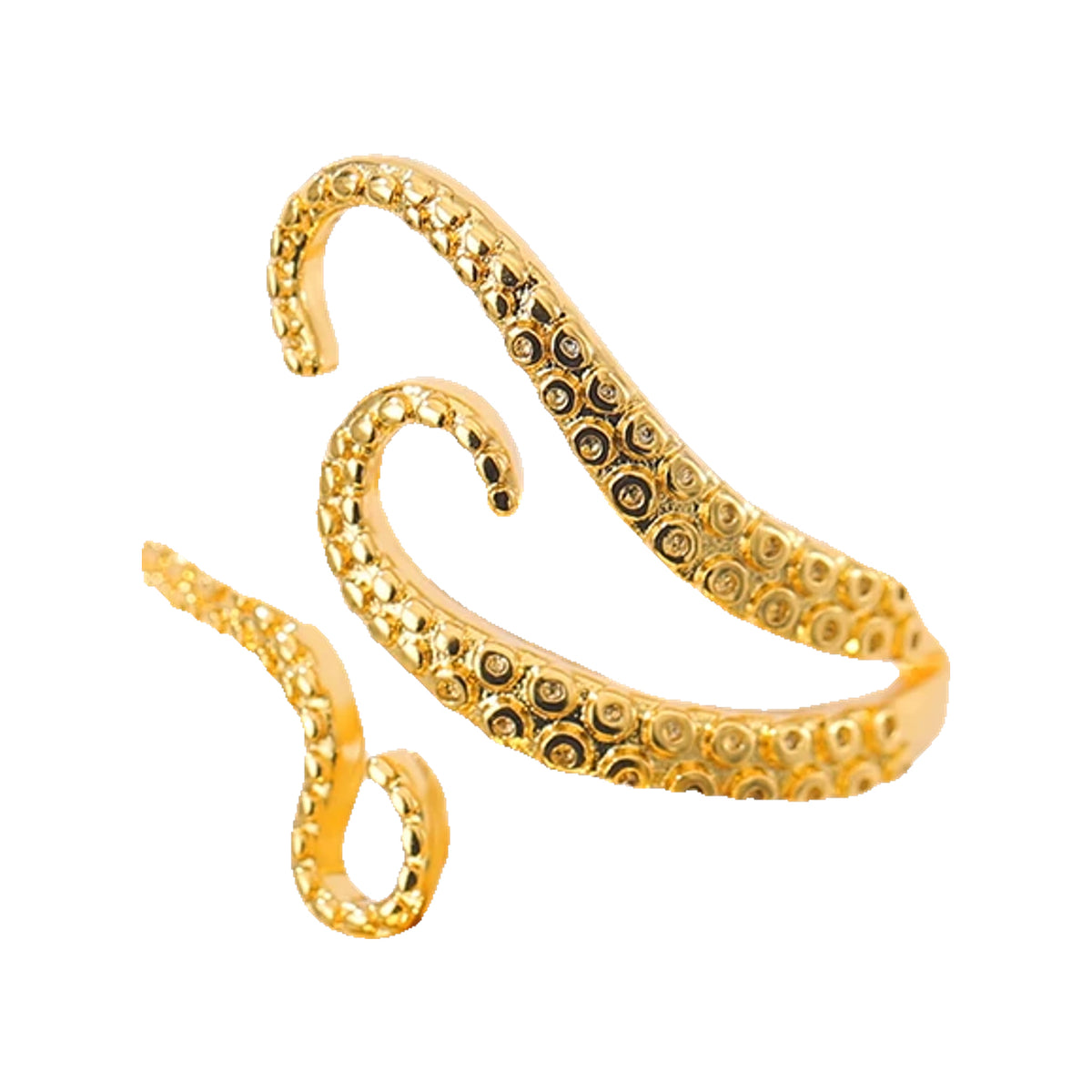 Gold-tone octopus tentacle wrap ring balanced on a reflective cylinder prop