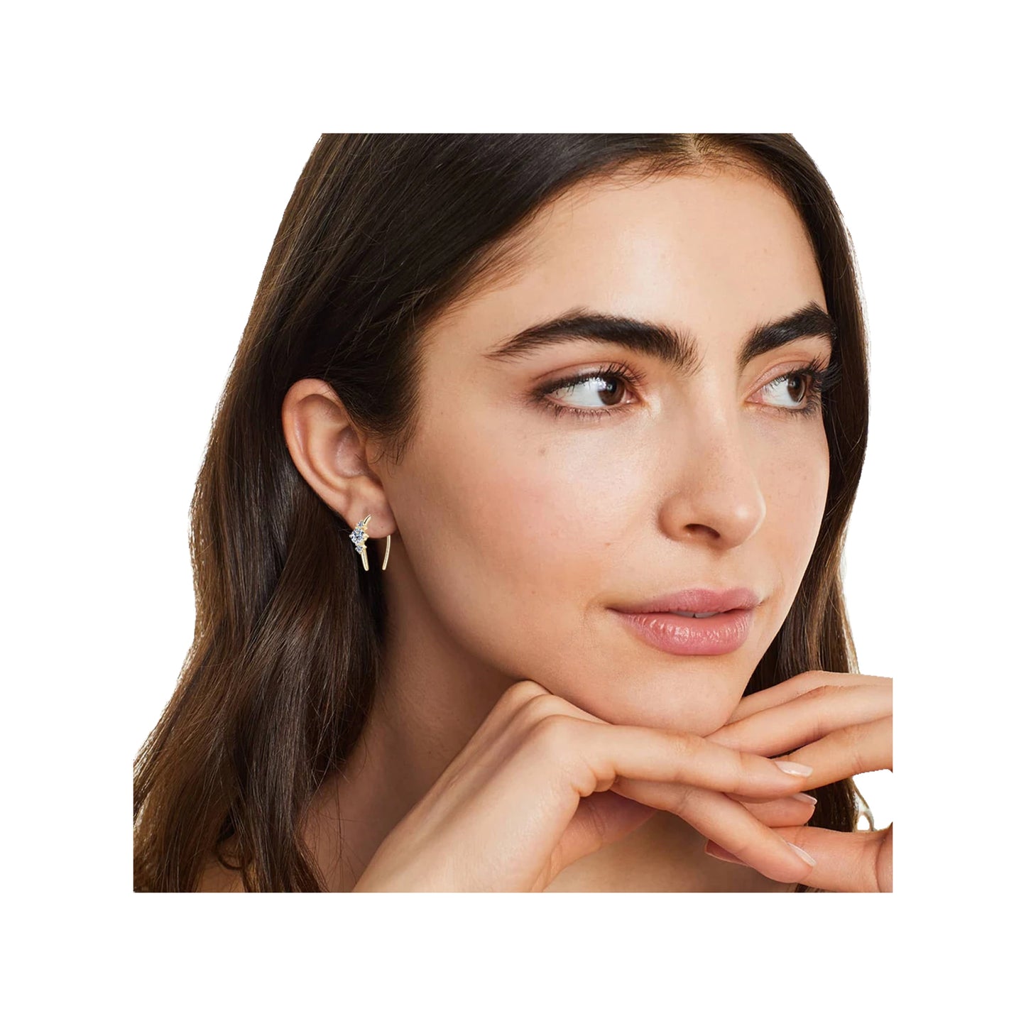 Three-stone U-hoop earring worn on the ear near the lobe
