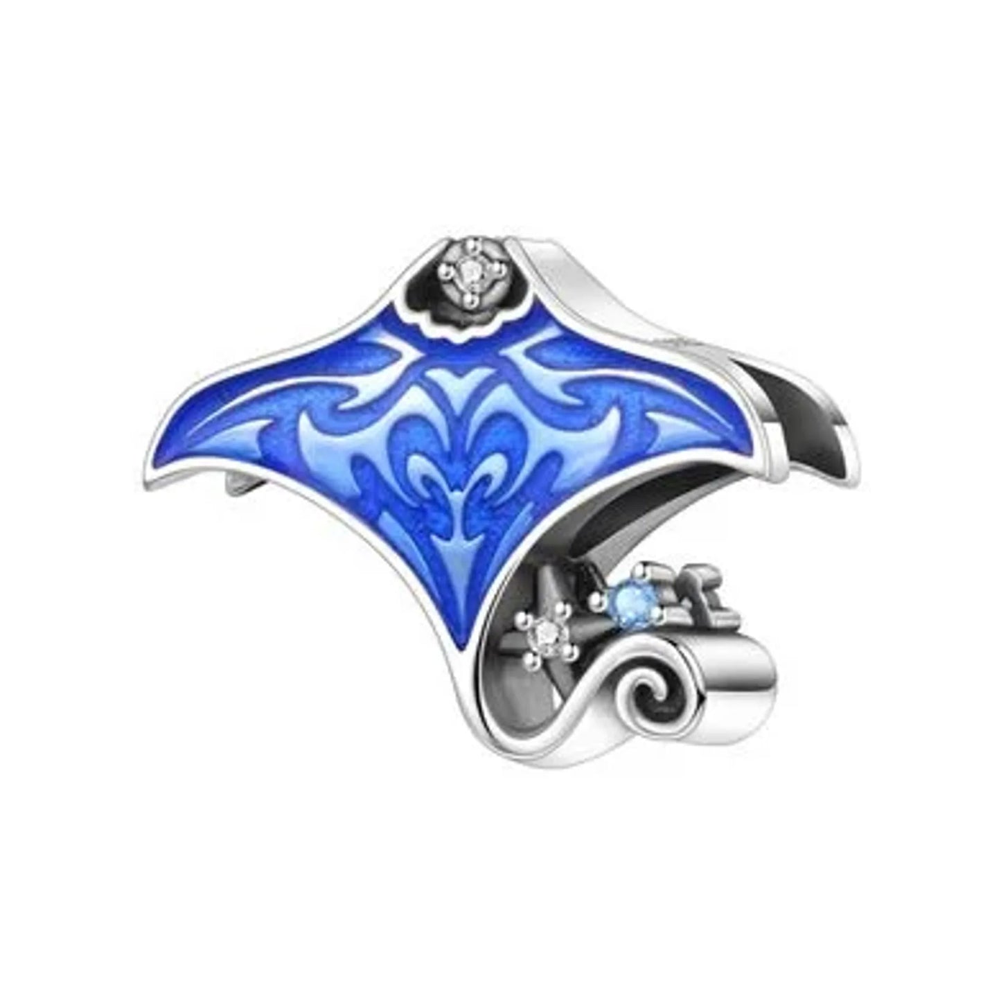Blue enamel manta ray sea life charm with decorative pattern