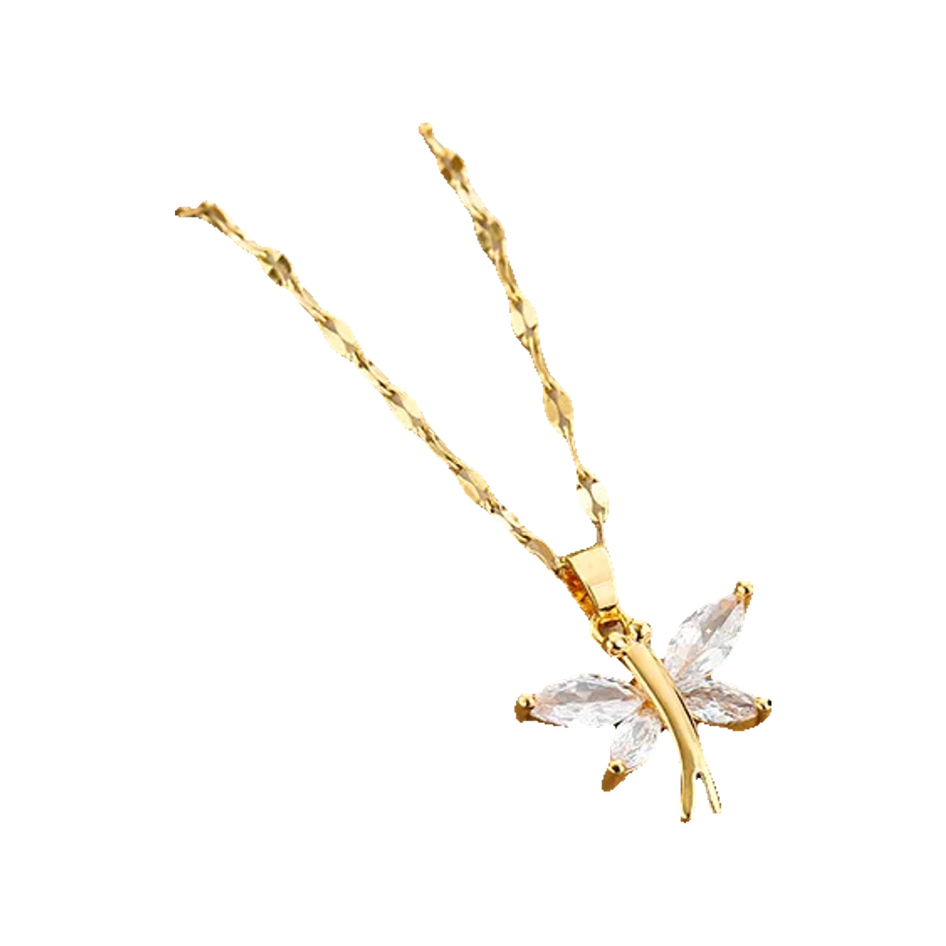 Gold-tone butterfly pendant necklace with four clear marquise stones on a textured link chain, displayed on a beige box.