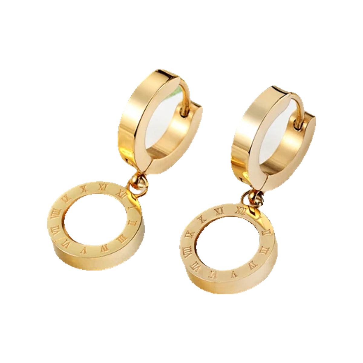 Gold-tone Roman numeral hoop drops with white disc centers resting on a printed page