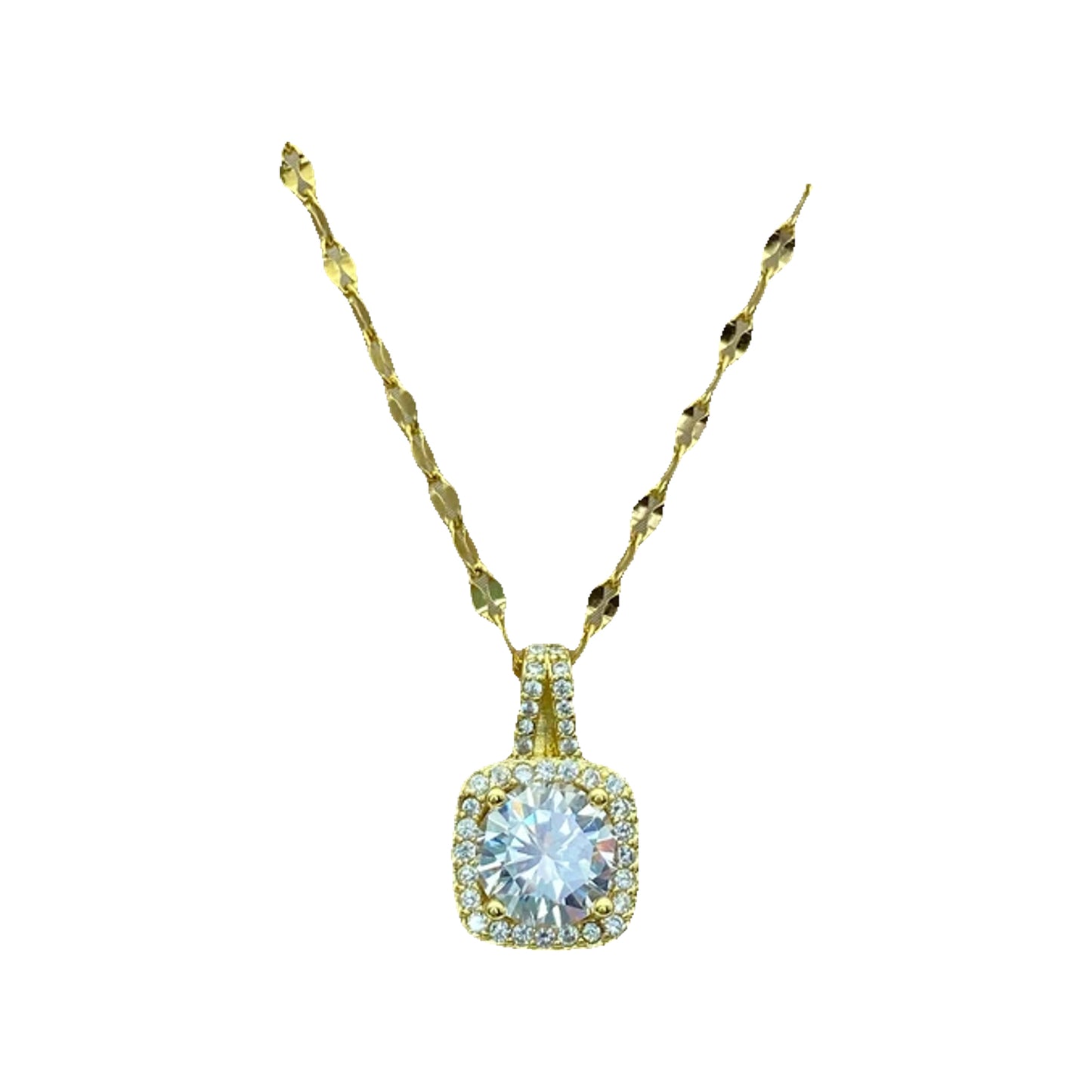 gold-tone pendant necklace with cushion halo and round center stone