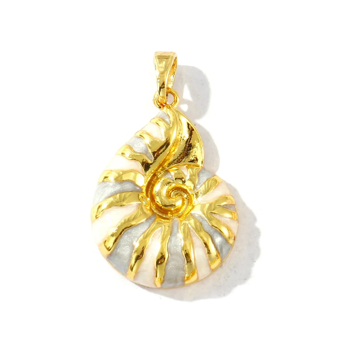 Gold-tone nautilus pendant with white enamel spiral and golden swirl accent