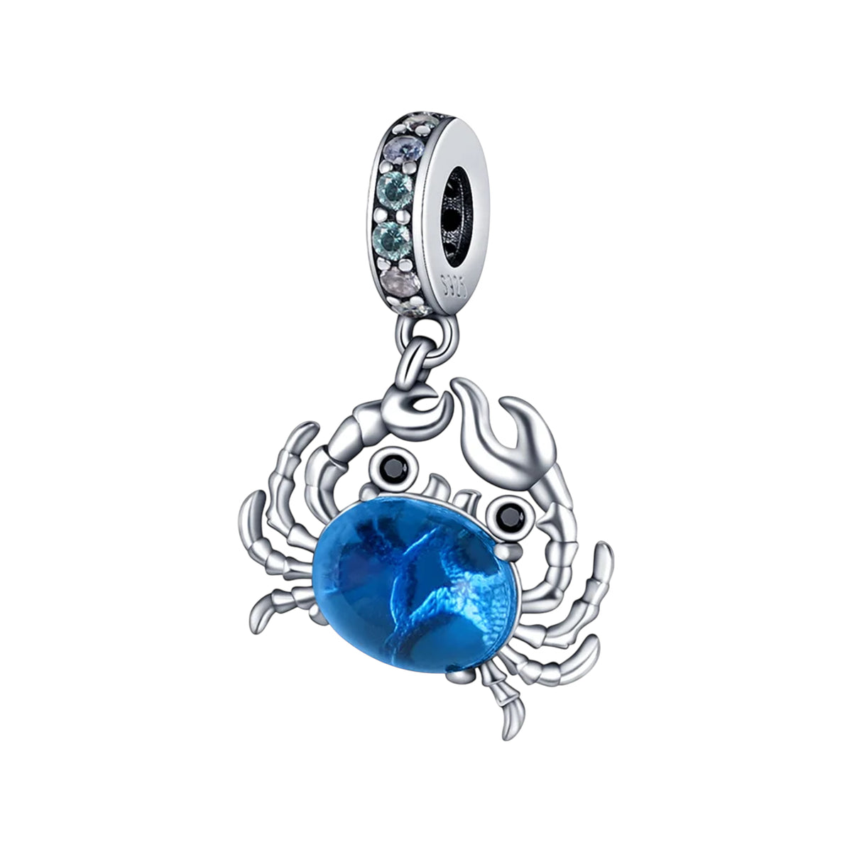 Crab dangle charm with iridescent blue center stone and pave crystal bail