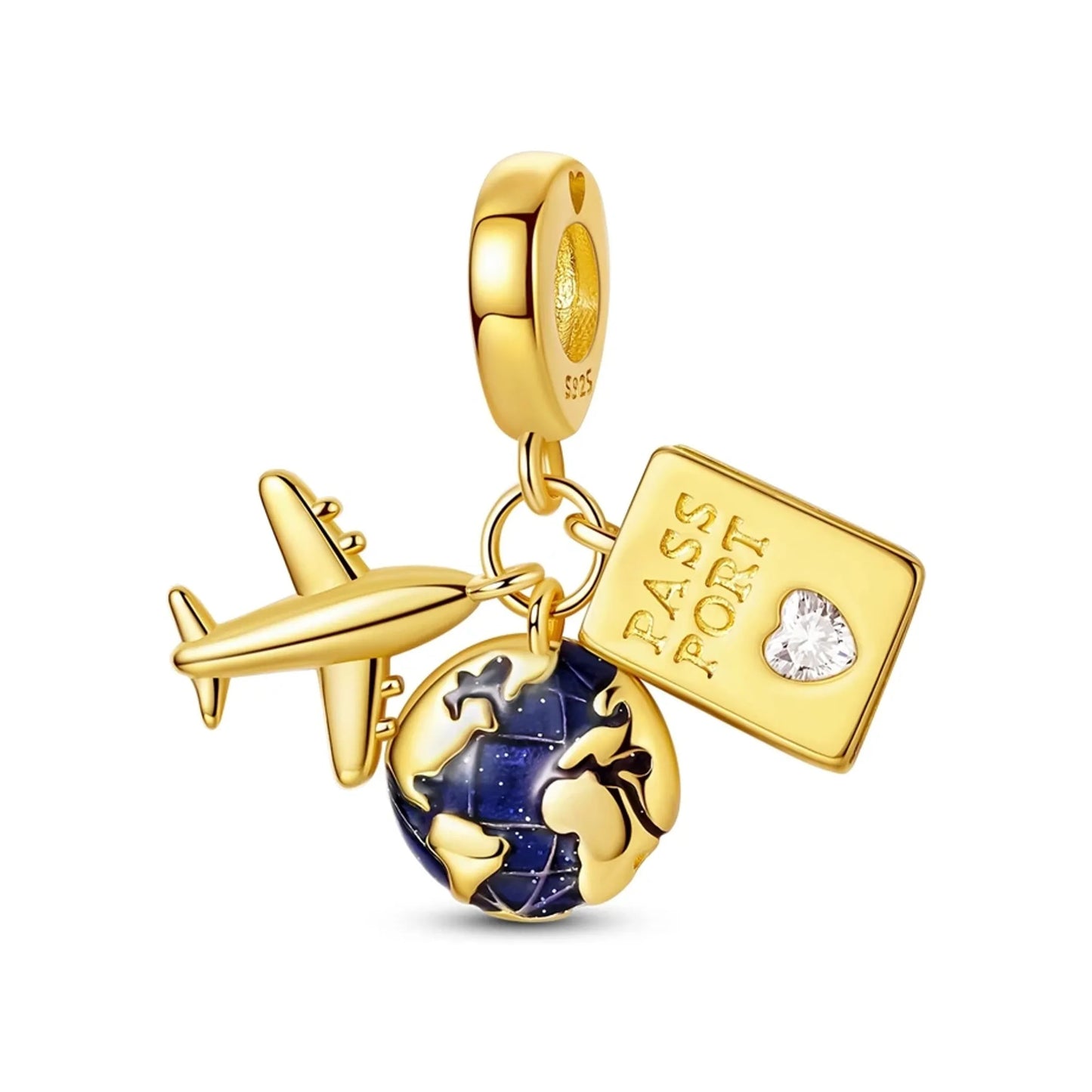 Gold-tone travel charm trio with airplane, enamel globe and passport tag
