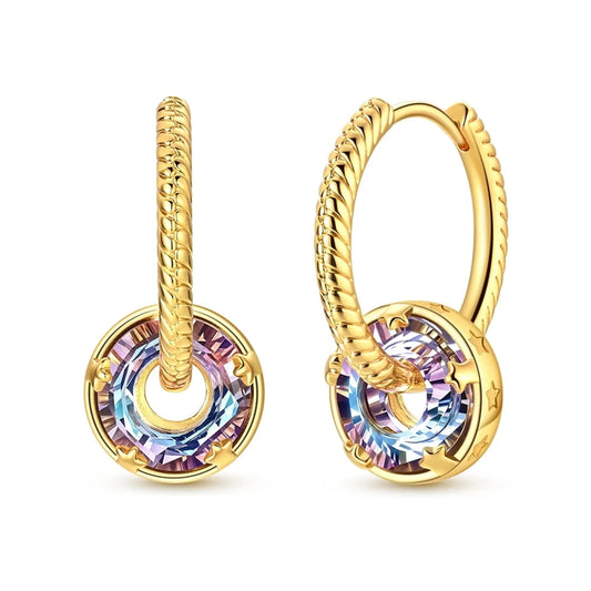 Gold-tone rope-textured hoop earrings with iridescent donut crystal charms and star-detailed bezels