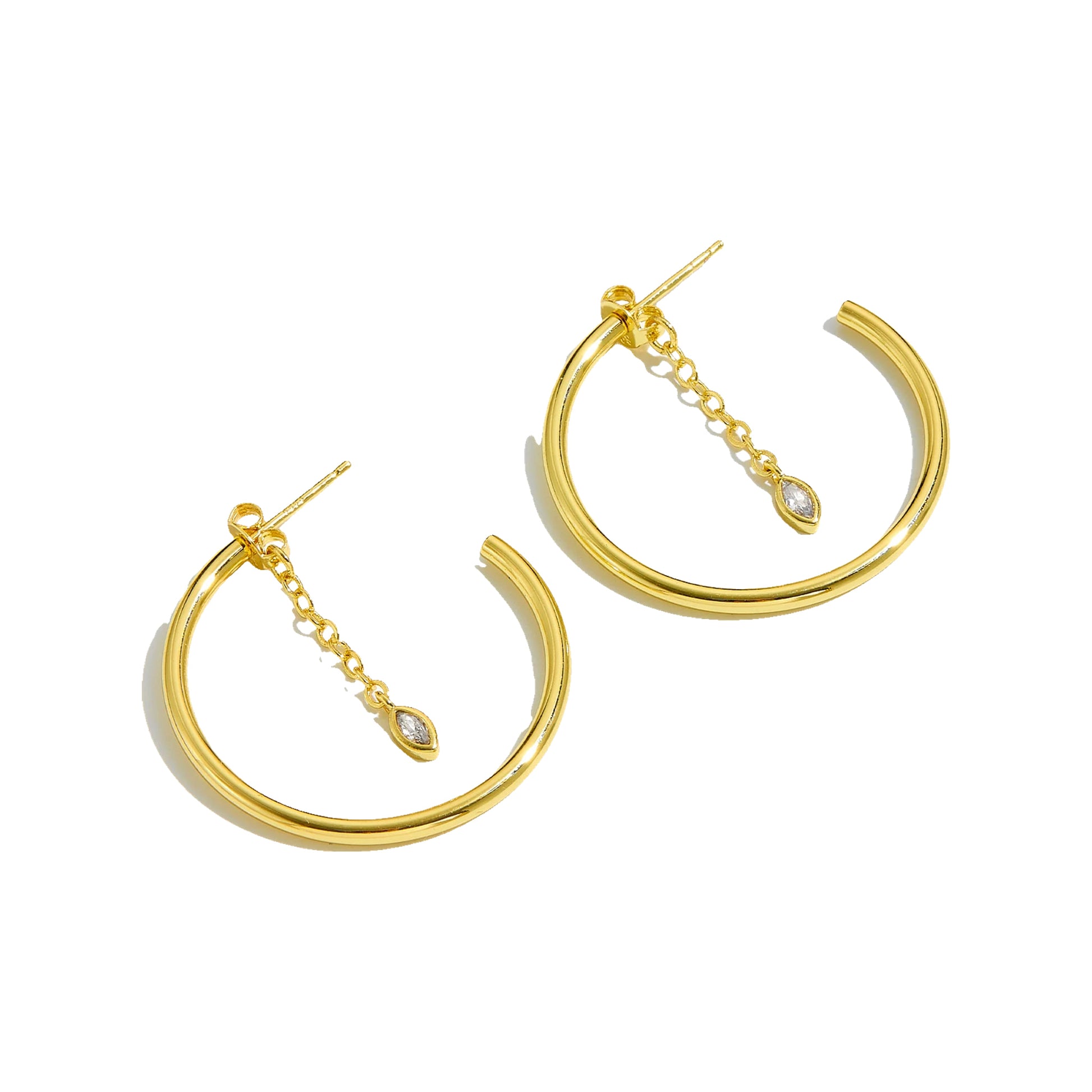 Gold-tone 25 mm hoops with marquise chain dangles captured flat on white