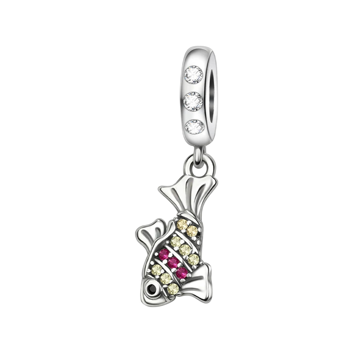 Crystal-accented fish dangle charm with pink and yellow stones
