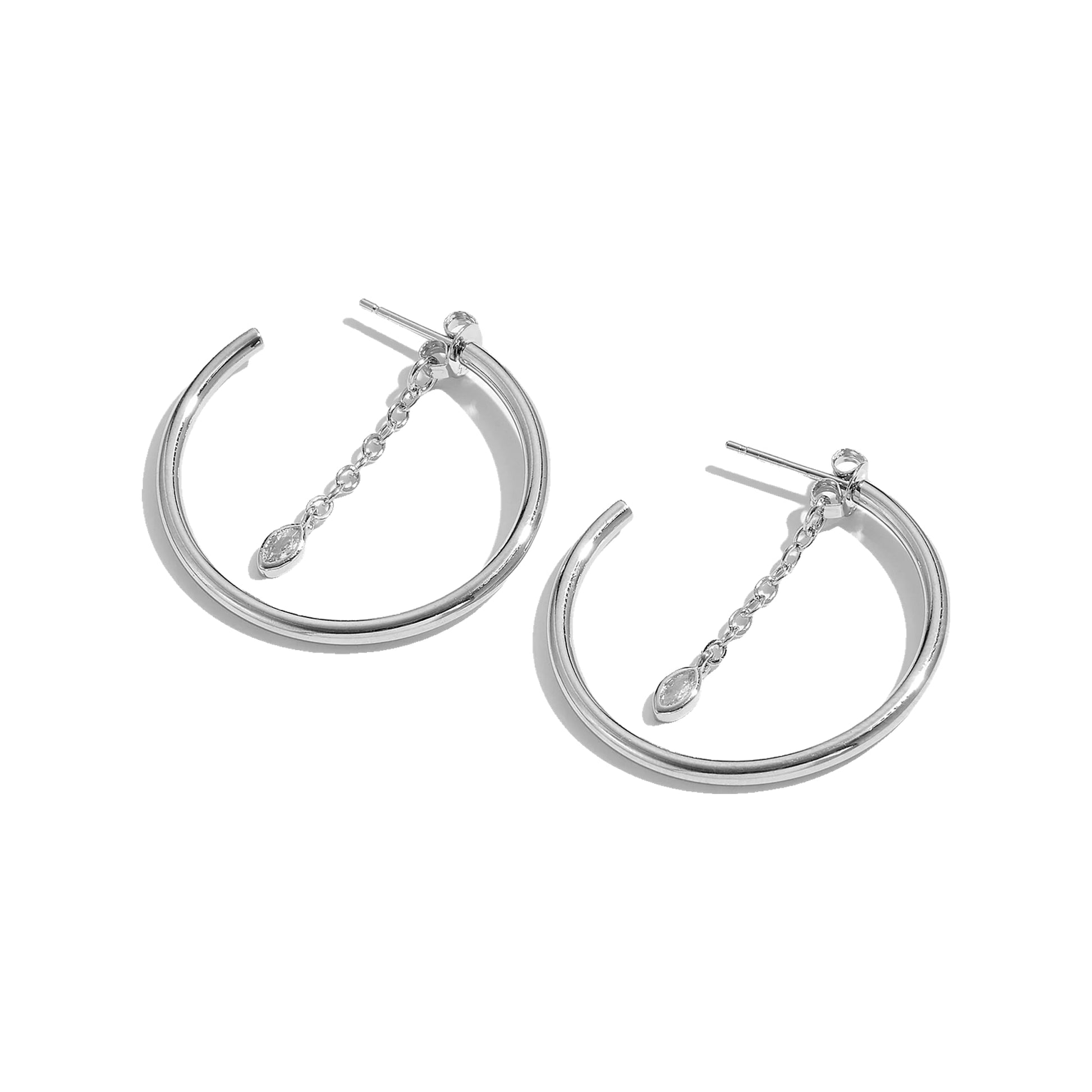 Silver‑tone 25 mm open hoop earrings with short chain and marquise charm