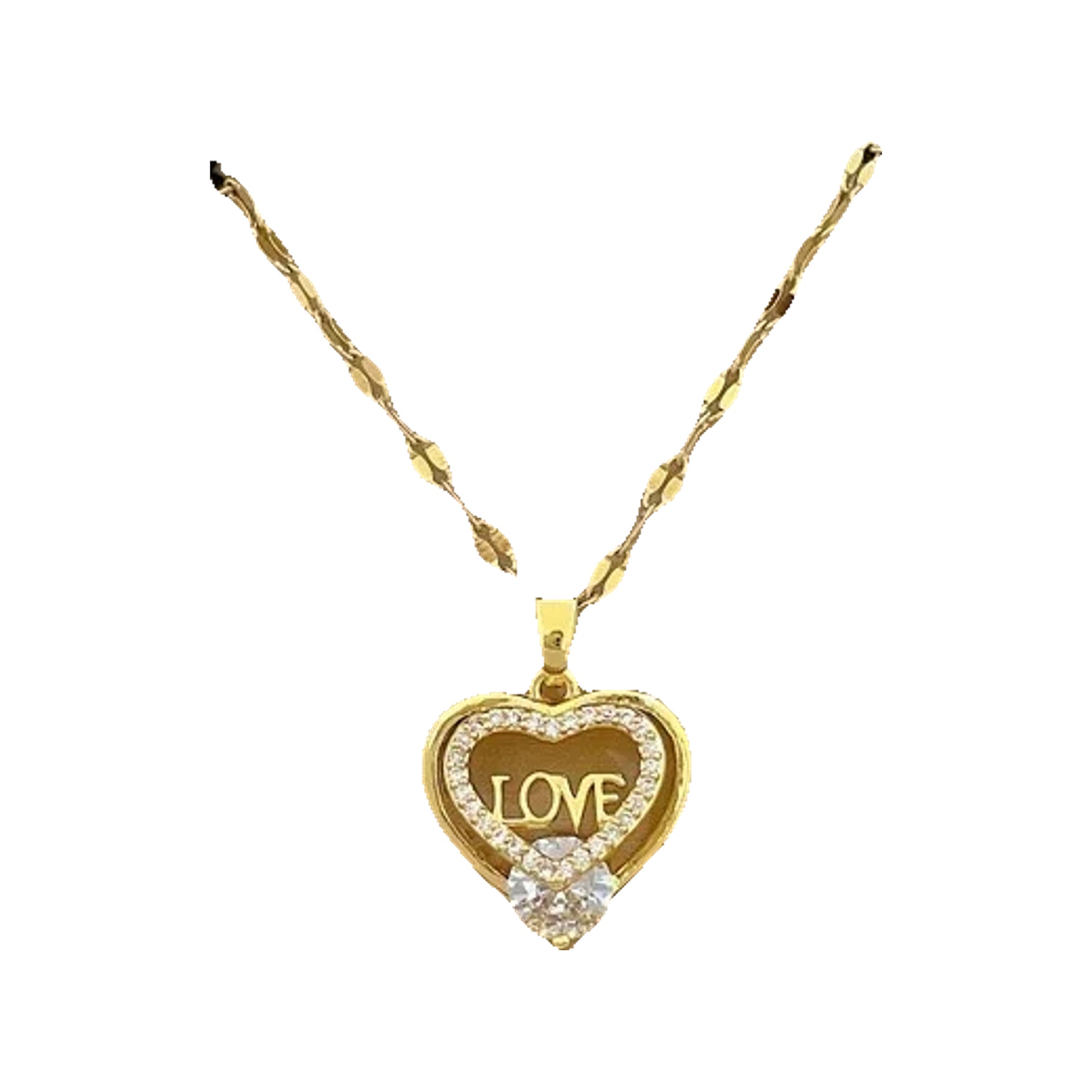 Gold-tone heart pendant with decorative openwork shown on a cushioned box display