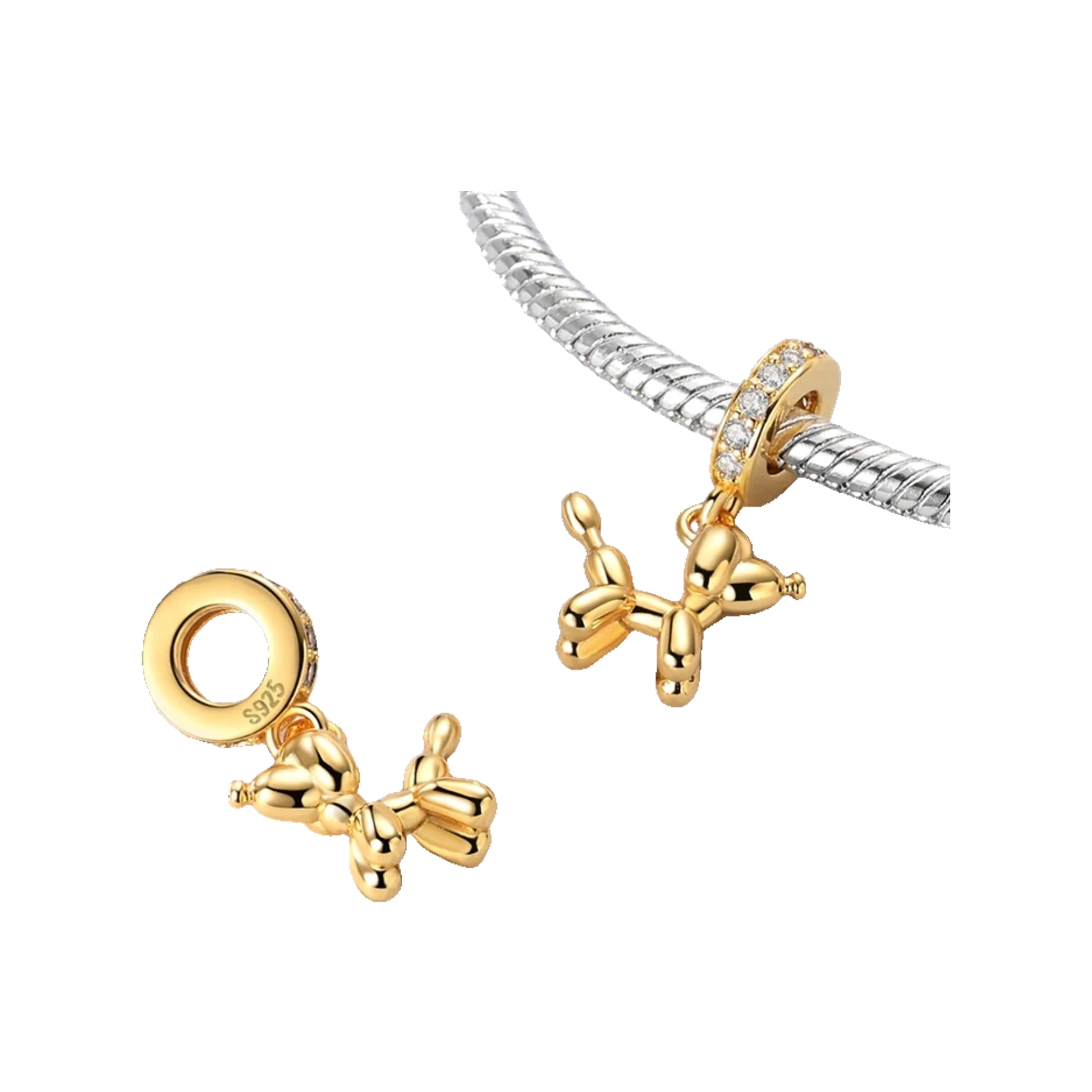 Gold-tone balloon dog dangle charms with polished finish shown on and off a bracelet