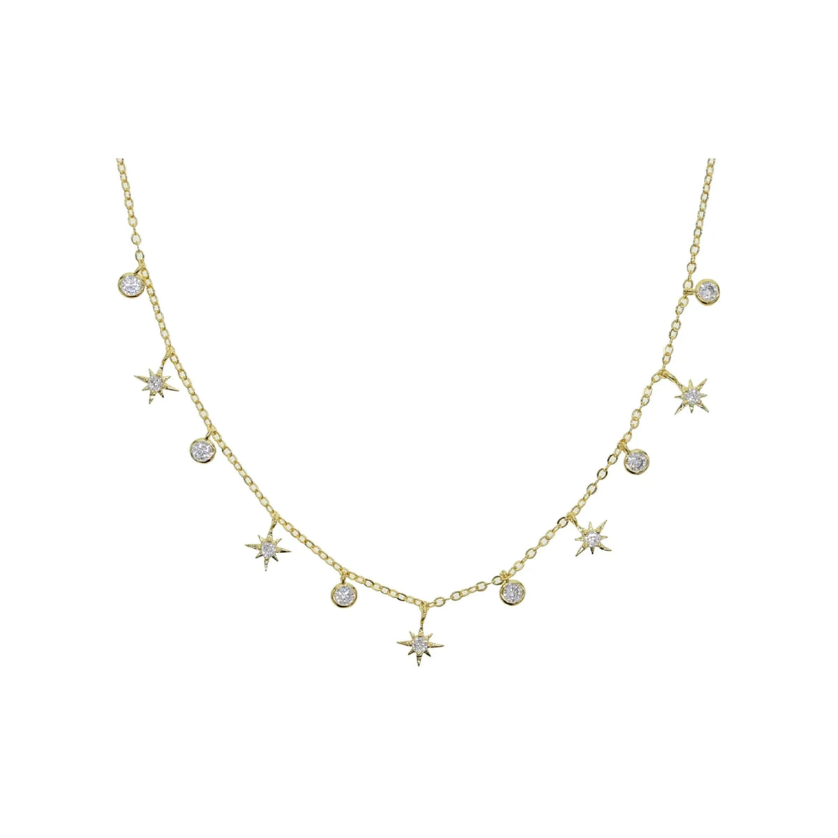 Gold-tone chain choker with alternating starburst charms and bezel-set round clear stone drops