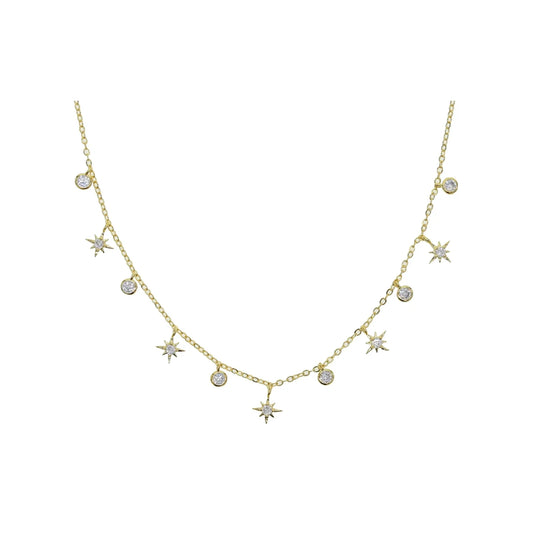 Gold-tone chain choker with alternating starburst charms and bezel-set round clear stone drops