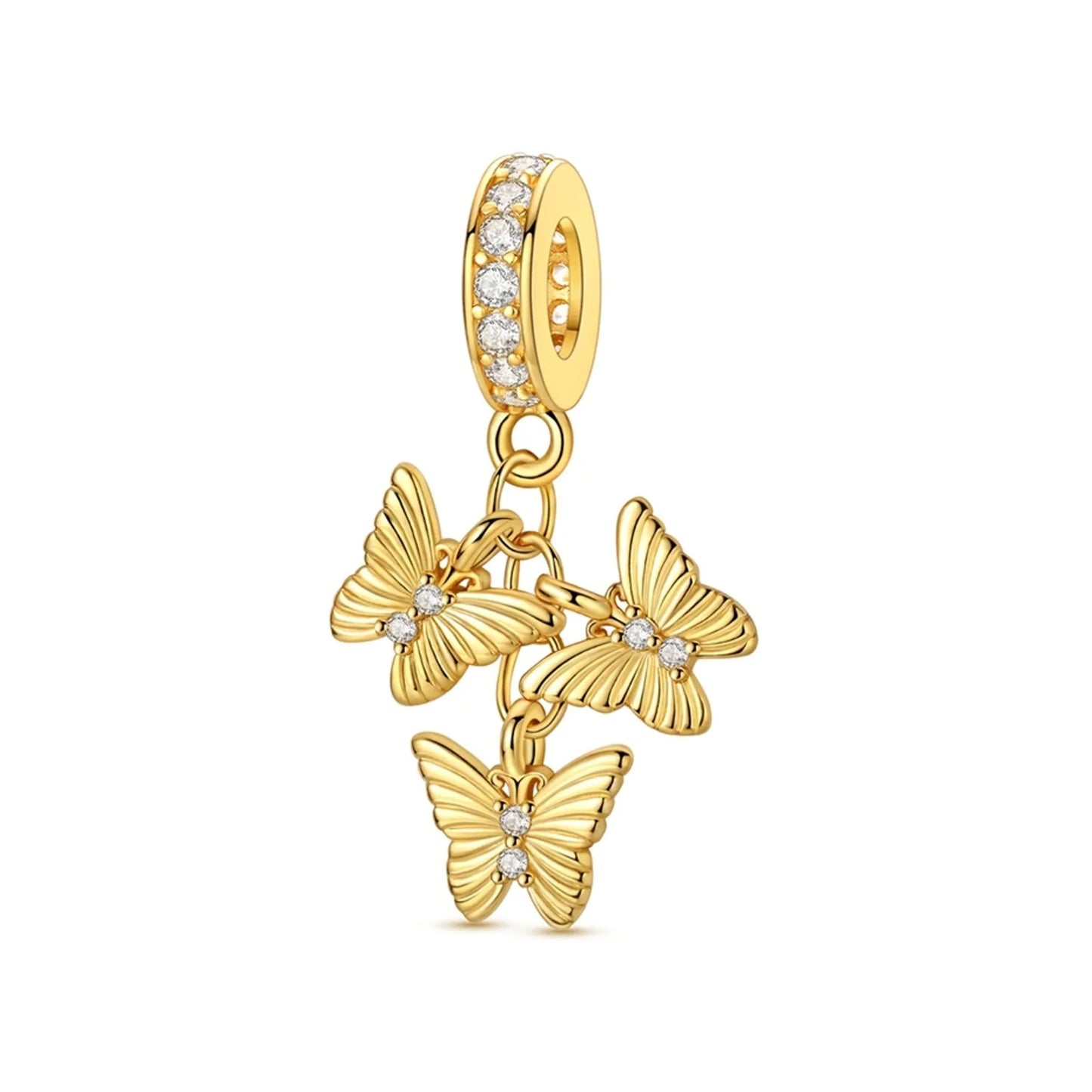 Gold-tone triple butterfly dangle charm with crystal-accented bail