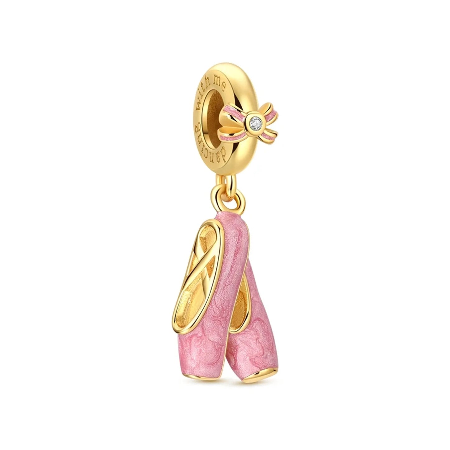 gold-tone ballet slipper dangle charm with pink enamel finish and floral-accent bail